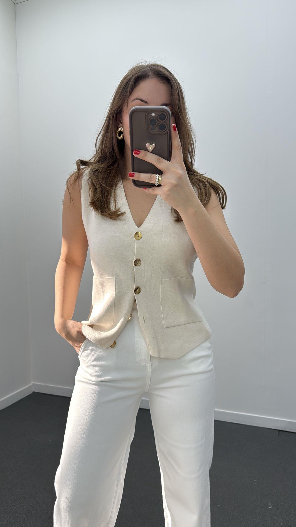 Risela Krem Gold Düğmeli Yumuşak Triko Hırka