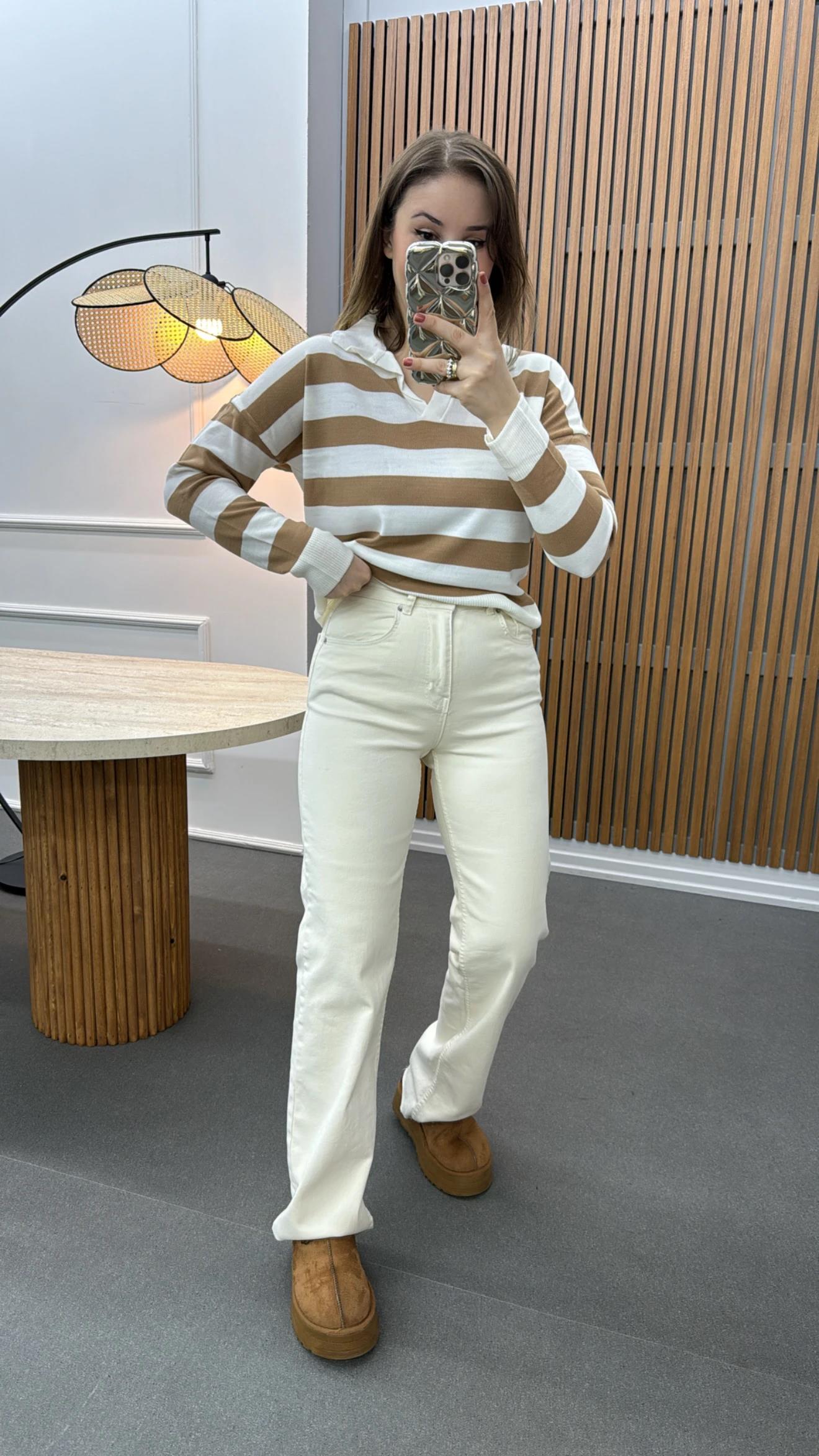 Roma Krem Likralı Wide Leg Jeans