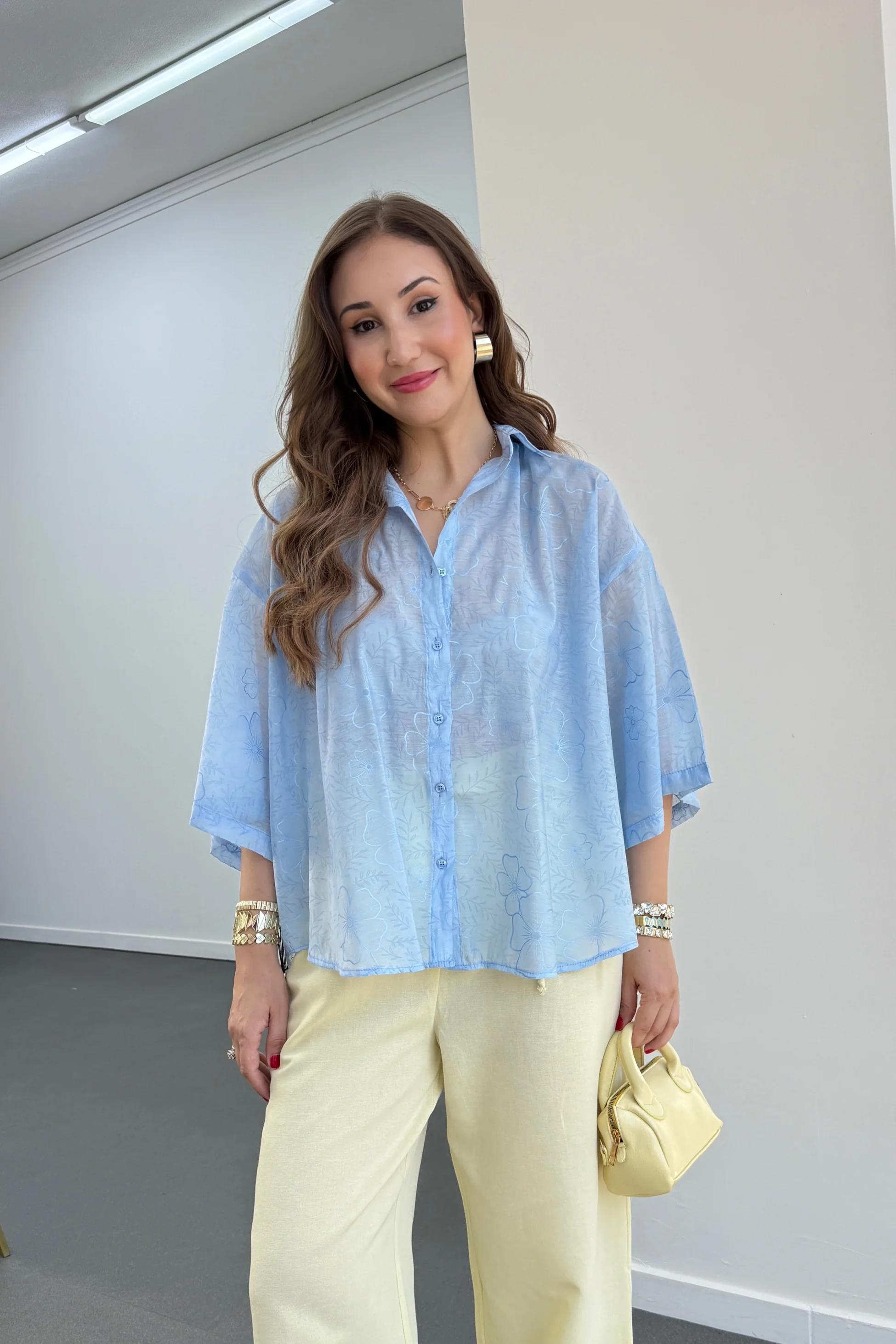 Romi Mavi Desenli Yarım Kol Gömlek