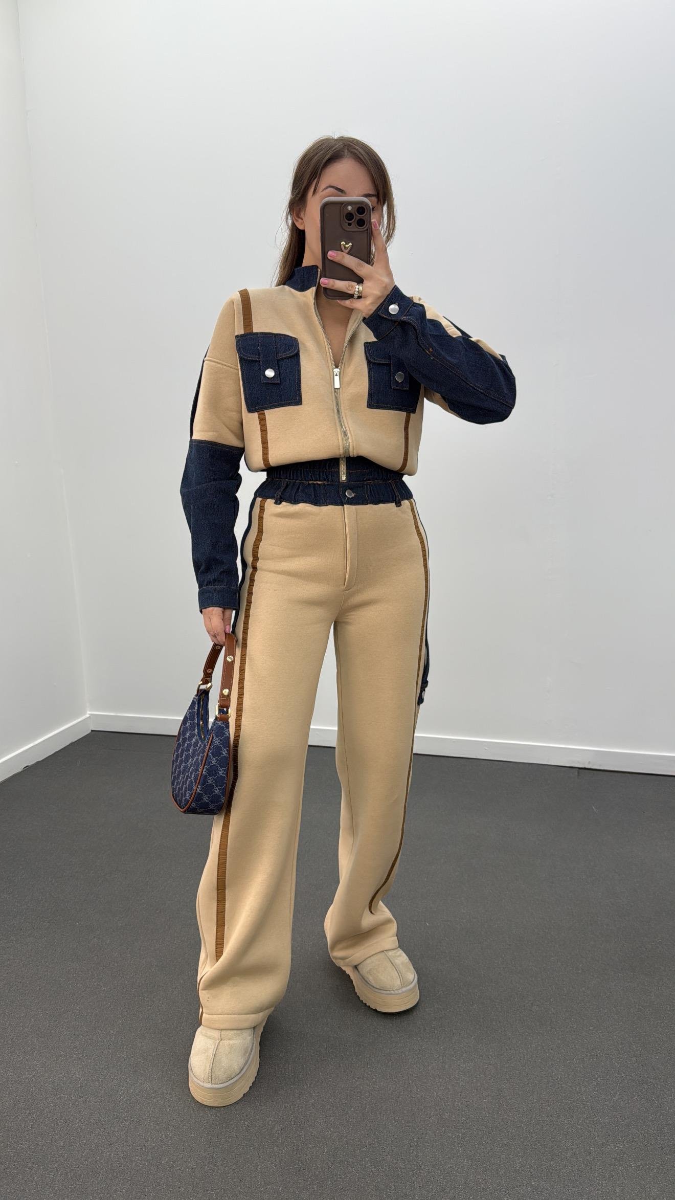 Romina Bej Denim Mix Şardonlu Ceket Eşofman Takımı