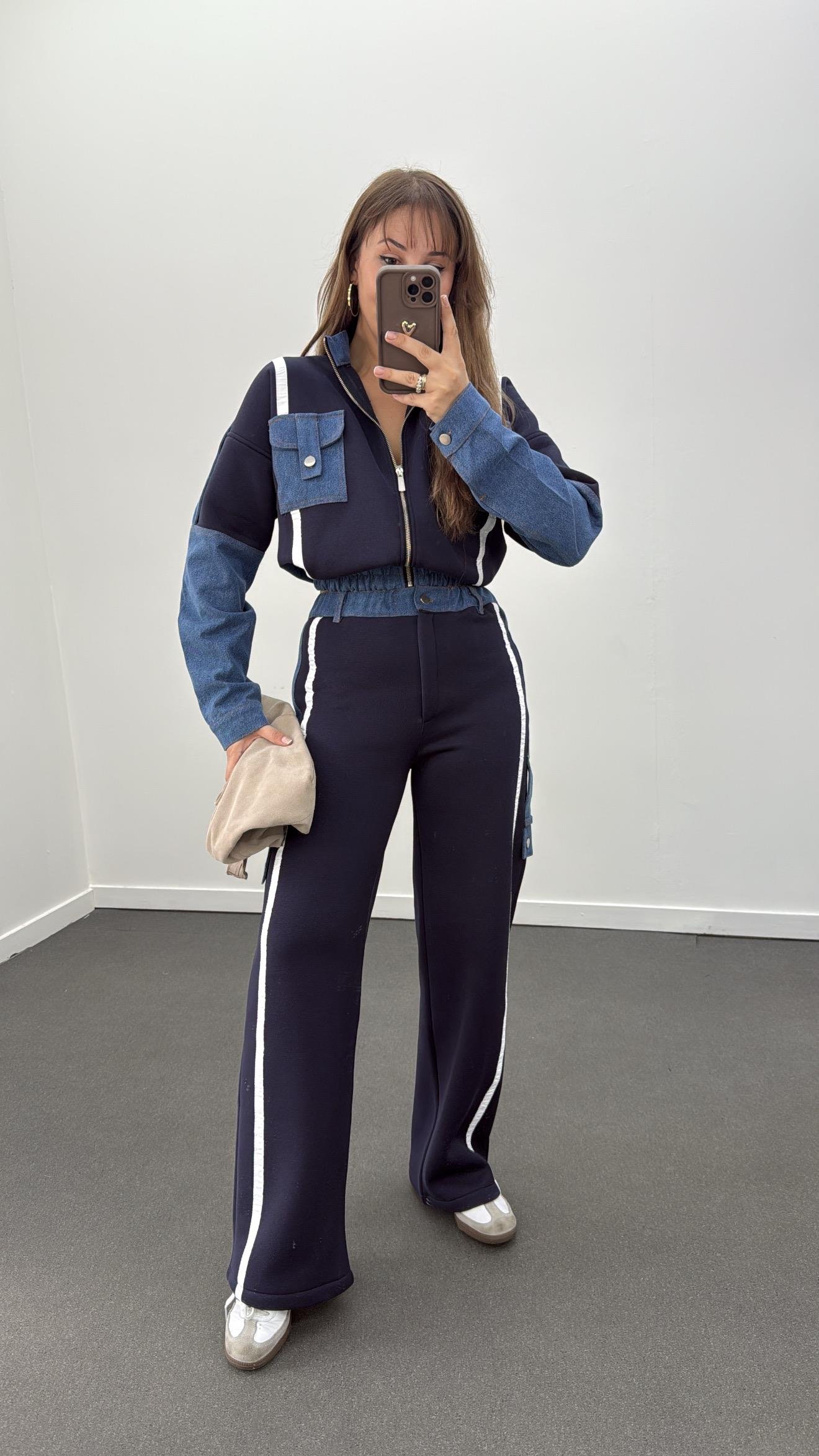 Romina Lacivert Denim Mix Şardonlu Ceket-Eşofman Takımı