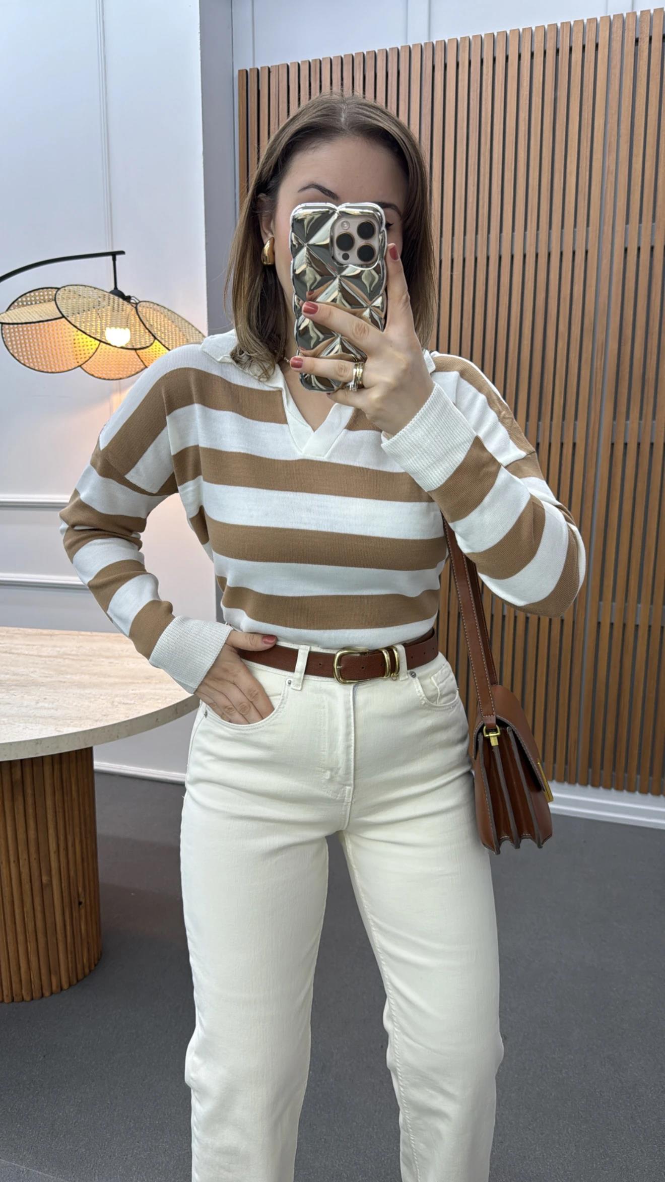 Salome Kahve Çizgili Polo Yaka Triko