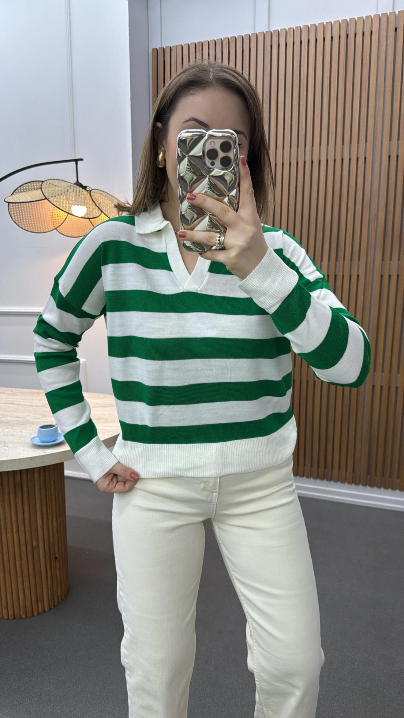 Salome Yeşil Çizgili Polo Yaka Triko