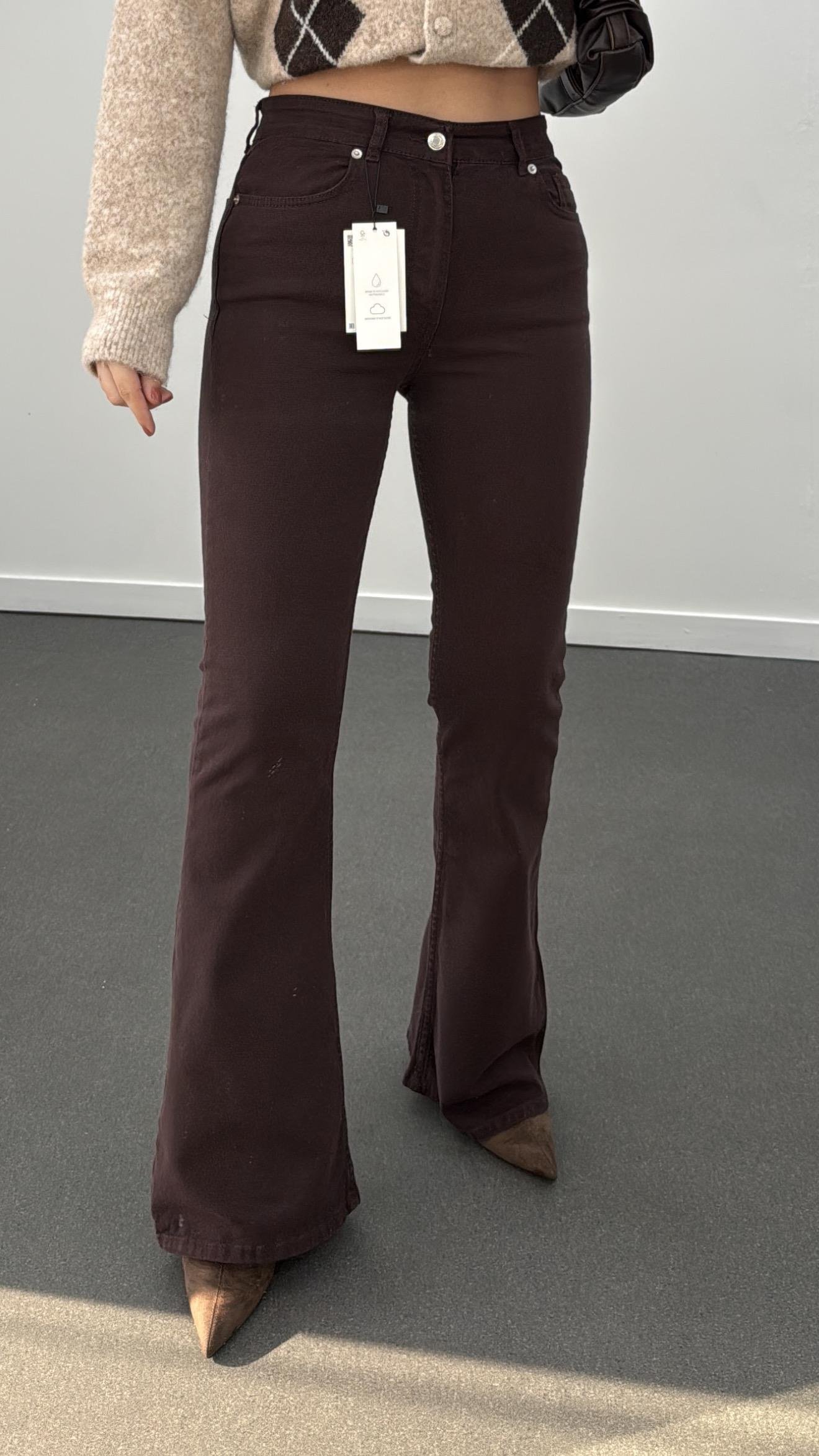 Santorini Çikolata Kahve Yüksek Bel Toparlayıcı Flare Jeans