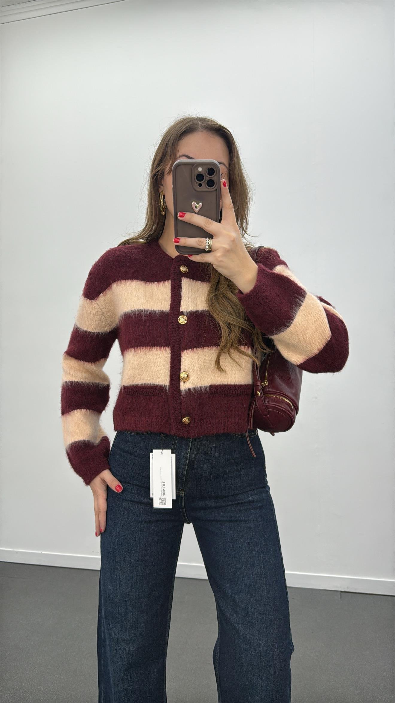 Suare Bordo  Bej Çizgili Gold Düğmeli Premium Hırka