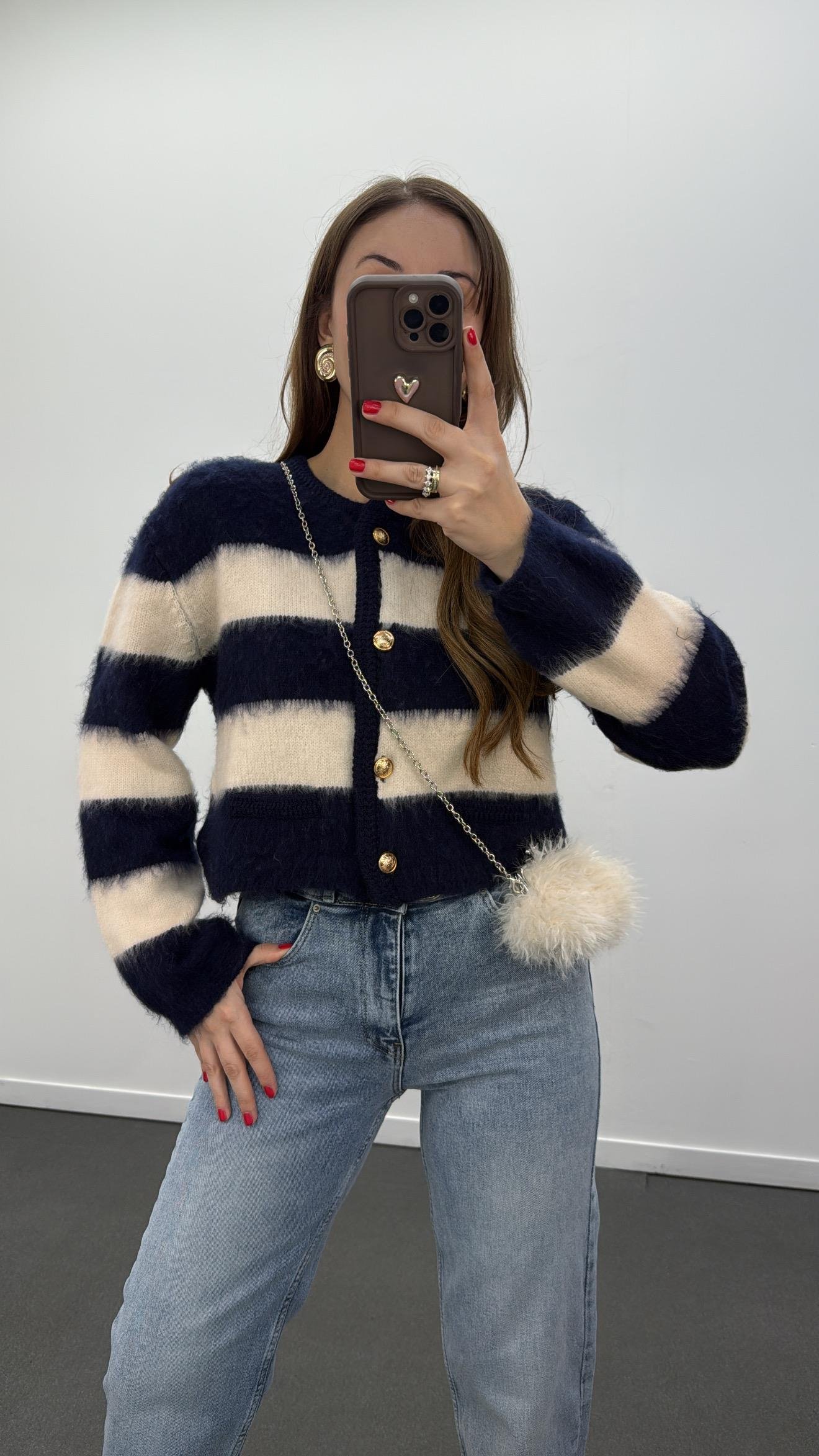 Suare Lacivert Bej Çizgili Gold Düğmeli Premium Hırka