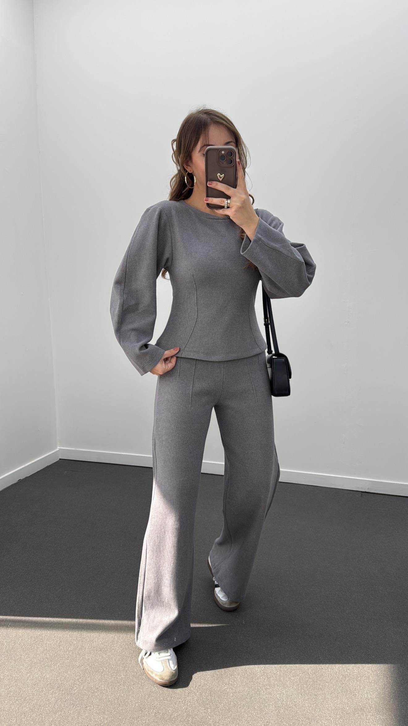 Suho Gri Balon Kol Triko Ve Pantolon Takımı