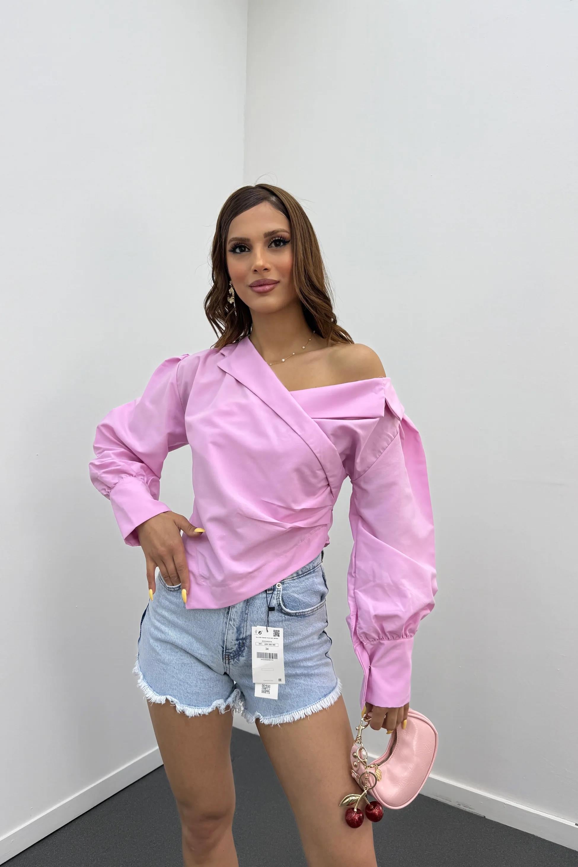 Suzy Pembe Kruvaze Tasarım Gömlek Bluz