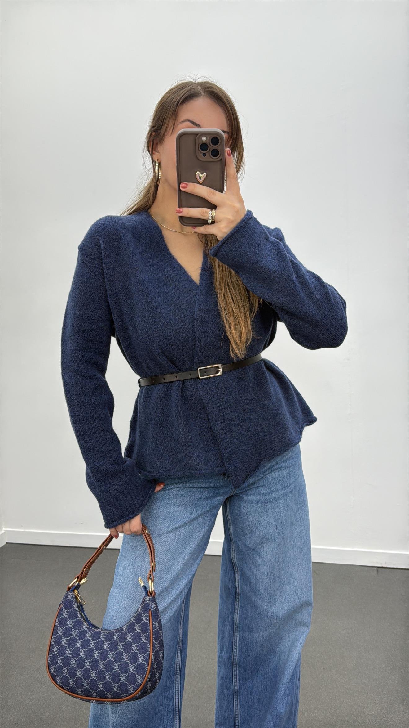 Talin Lacivert Kemerli Premium Triko