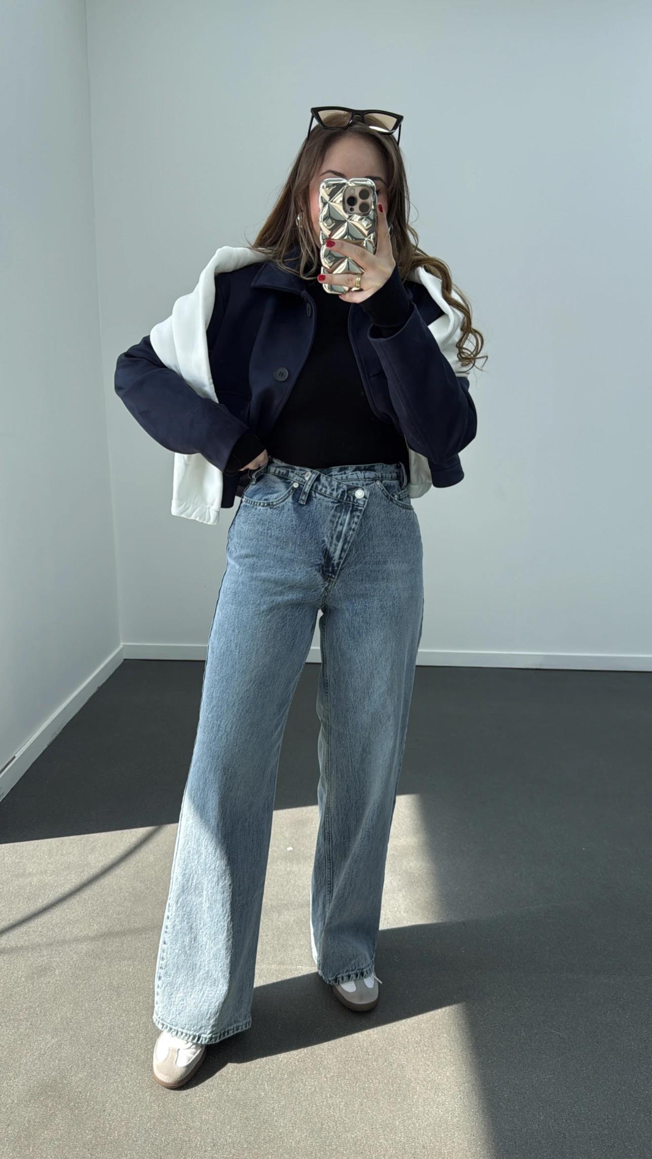 Tera Buz Mavisi Çapraz Düğme Wide Leg Jeans