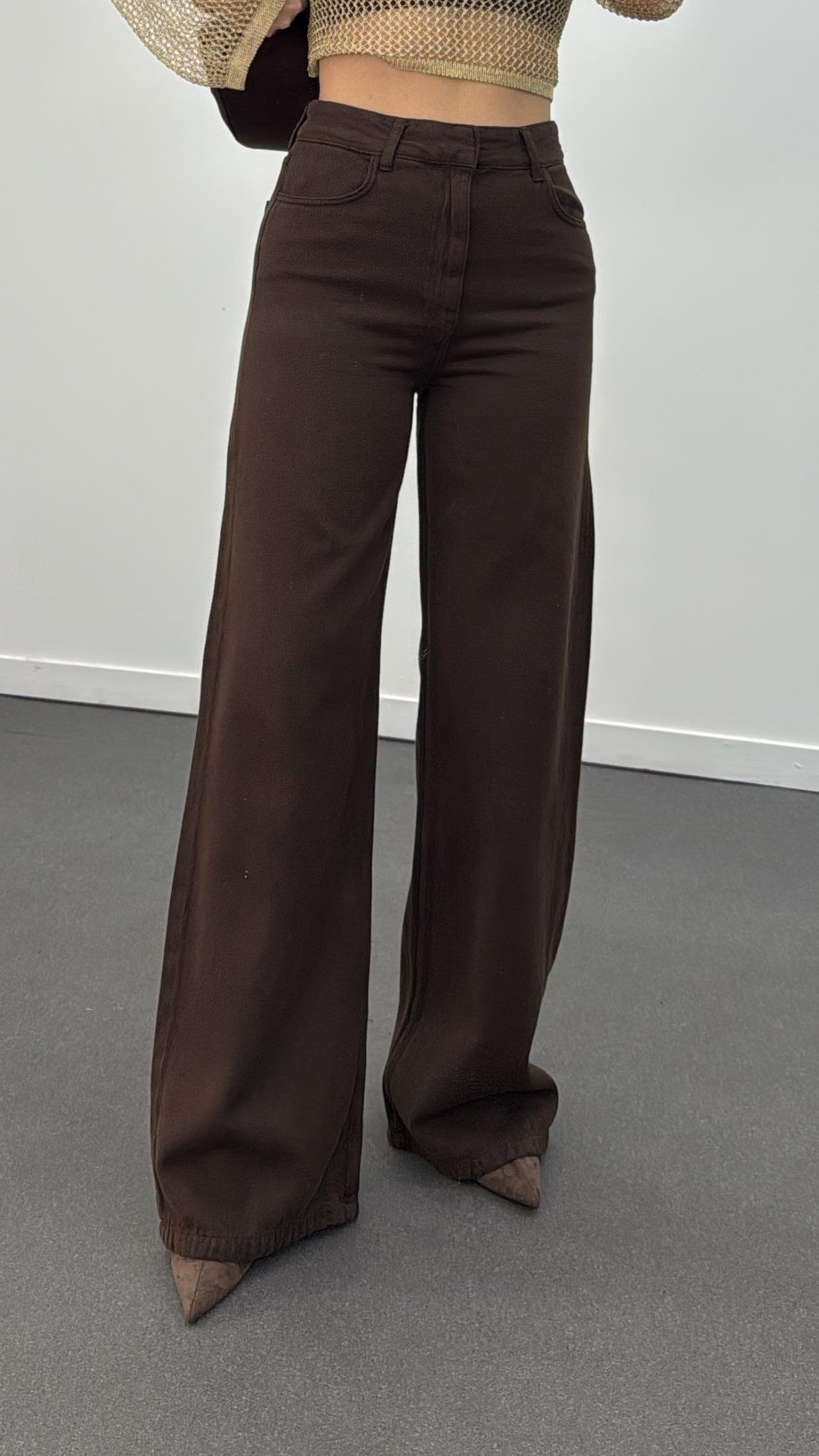 Tori Çikolata Kahve Gabardin Kumaş Palazzo Pantolon