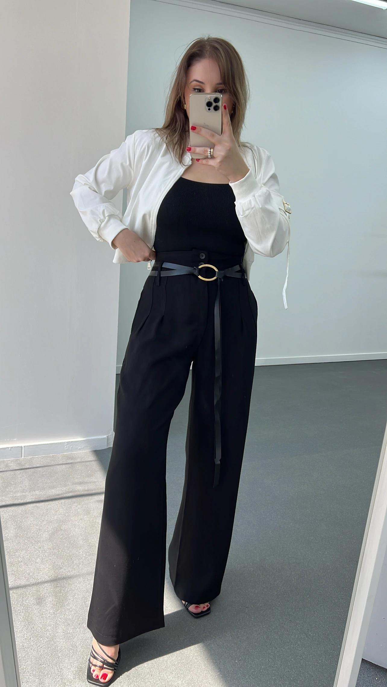 Venüs Siyah Süper Yüksek Bel Kemerli Kumaş Pantolon