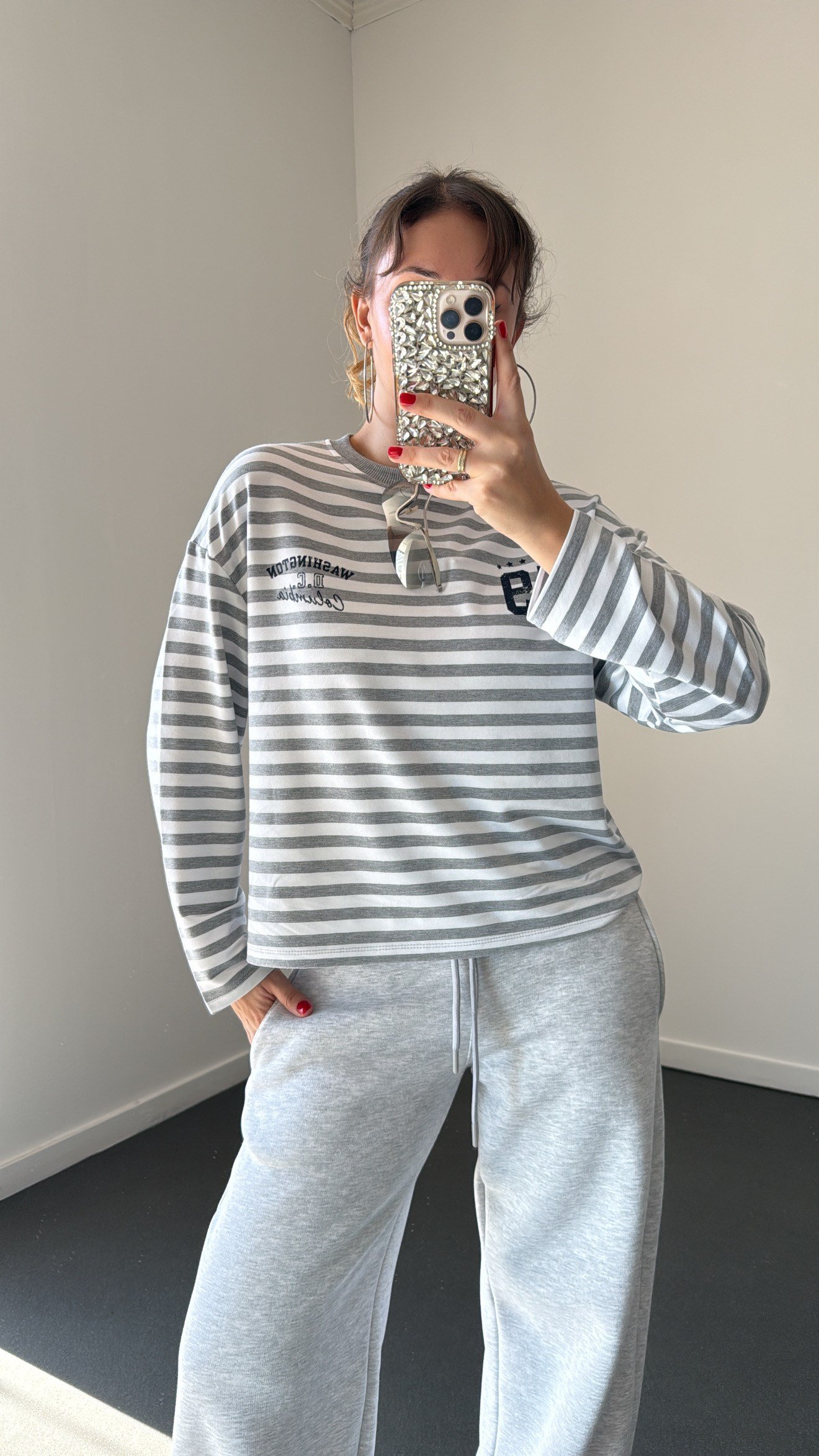 Washington Gri Çizgili Basic Sweat
