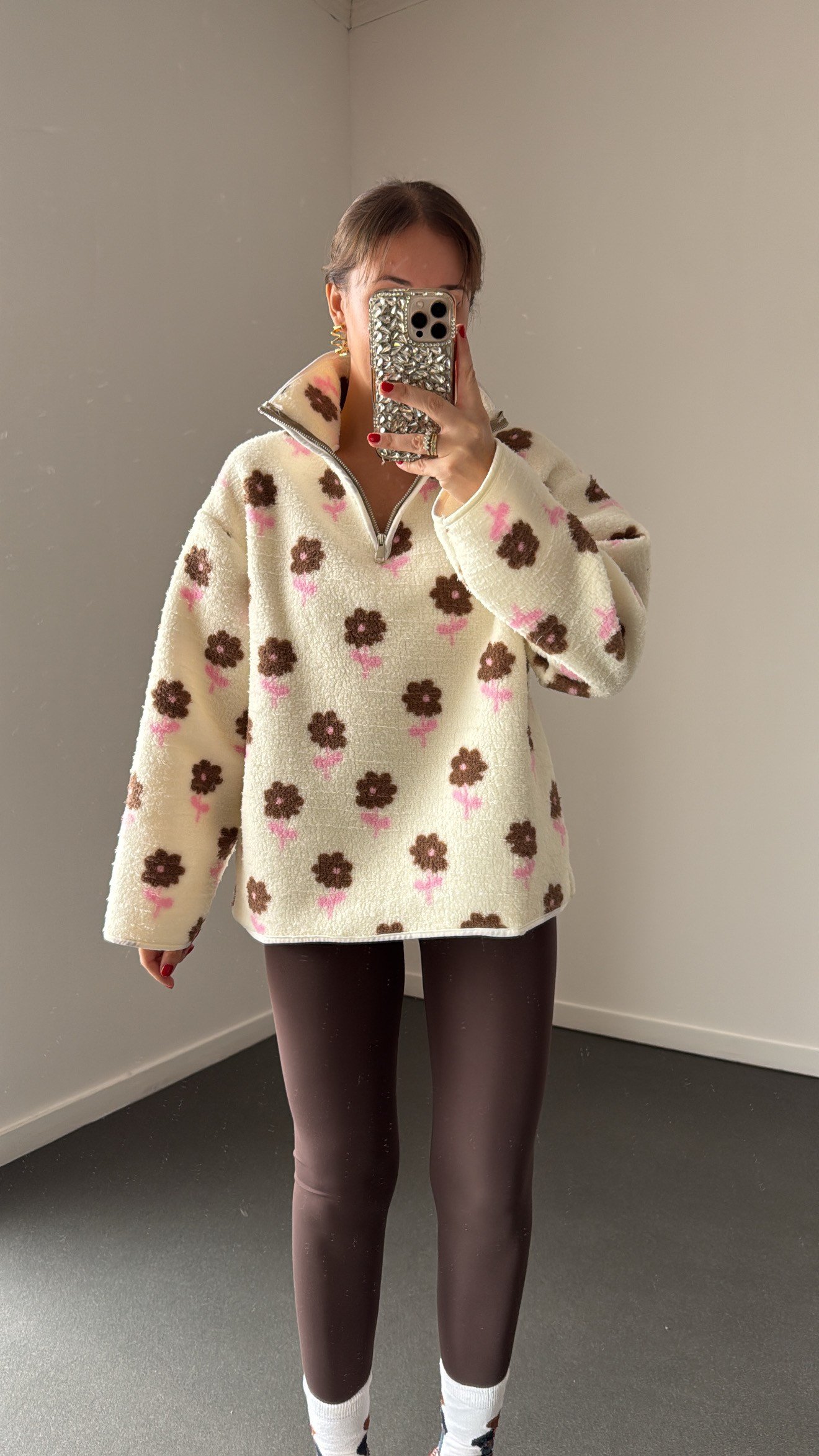 Wildora Kahve Pembe Çiçek Desenli Fermuarlı Sweatshirt
