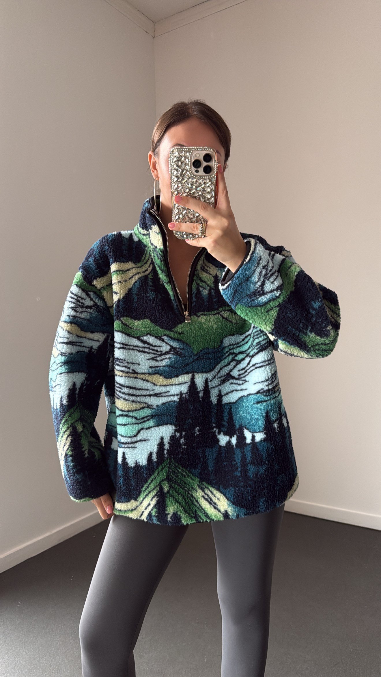 Wildora Lacivert-Yeşil Desenli Fermuarlı Sweatshirt