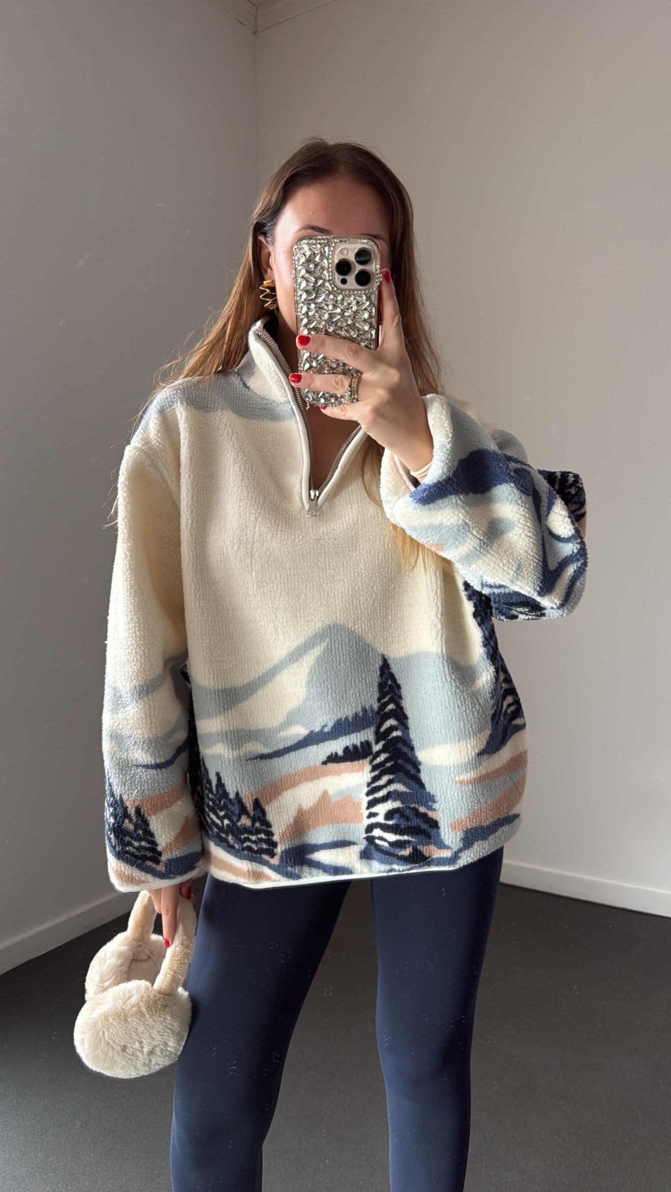 Wildora Mavi-Beyaz Desenli Fermuarlı Sweatshirt