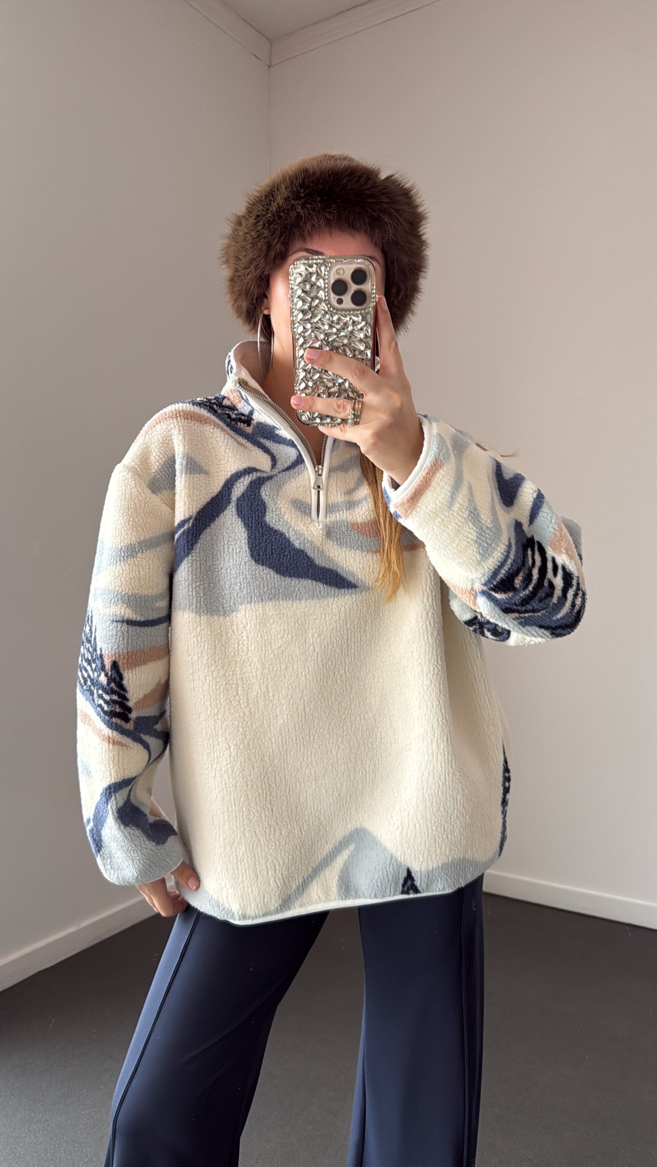 Wildora Mavi Dağ Desenli Fermuarlı Sweatshirt