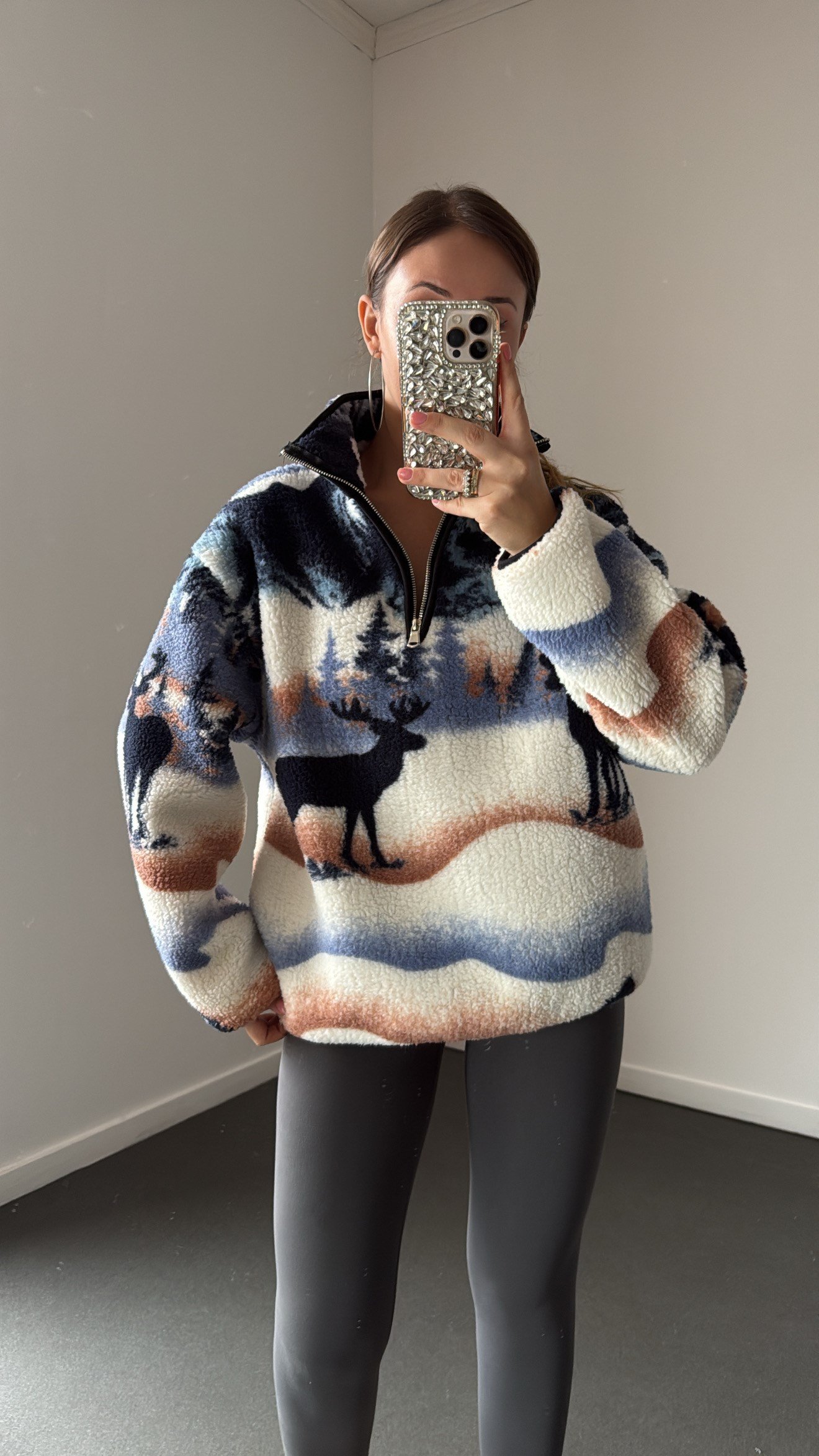 Wildora Mavi-Ekru Desenli Fermuarlı Sweatshirt