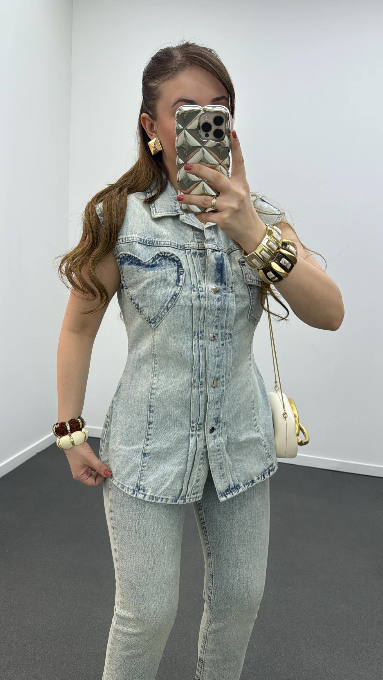 Yasna Kalp Cepli Tint Yıkamalı Uzun Yelek