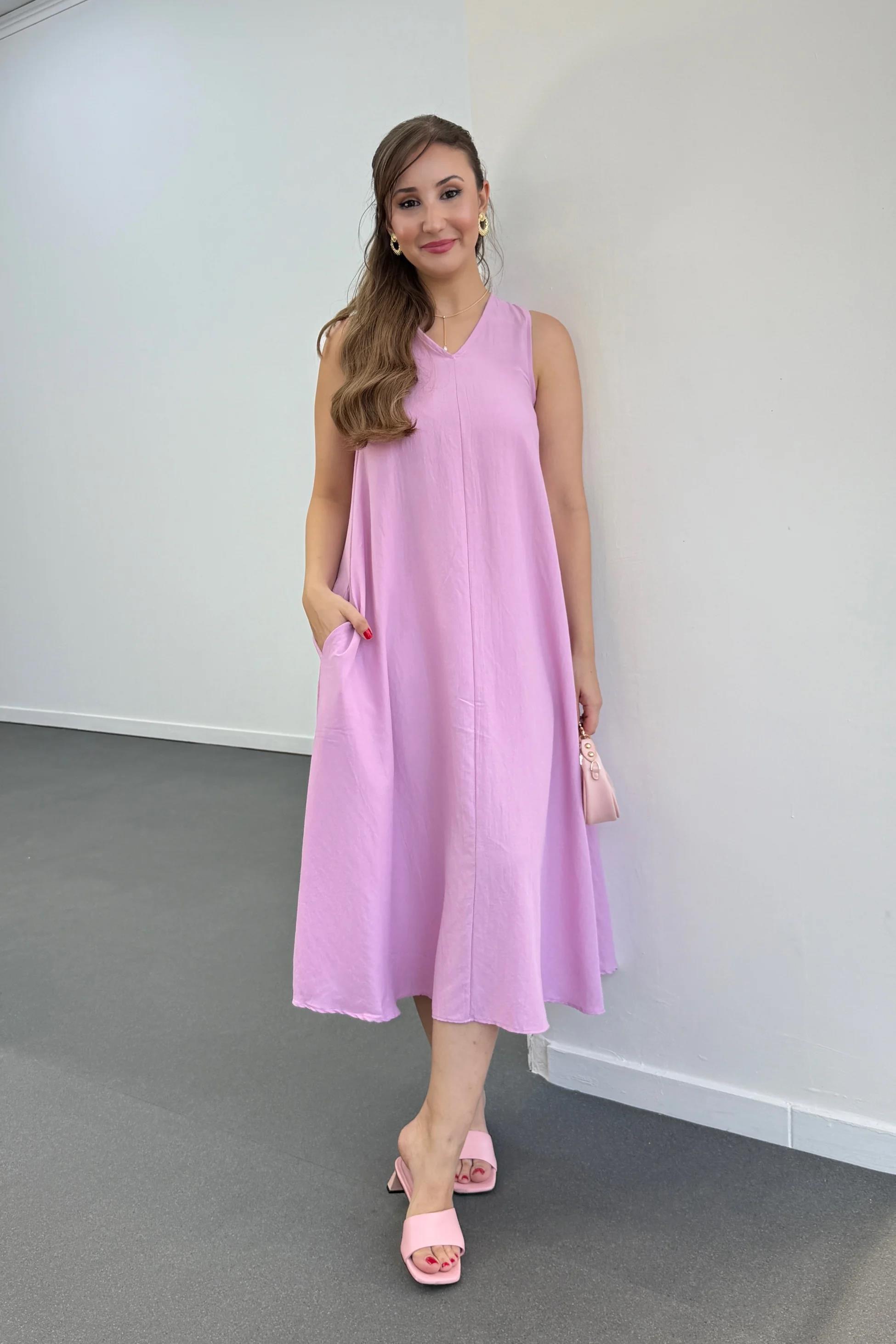 Yegor Pembe Cepli Rahat Midi Elbise