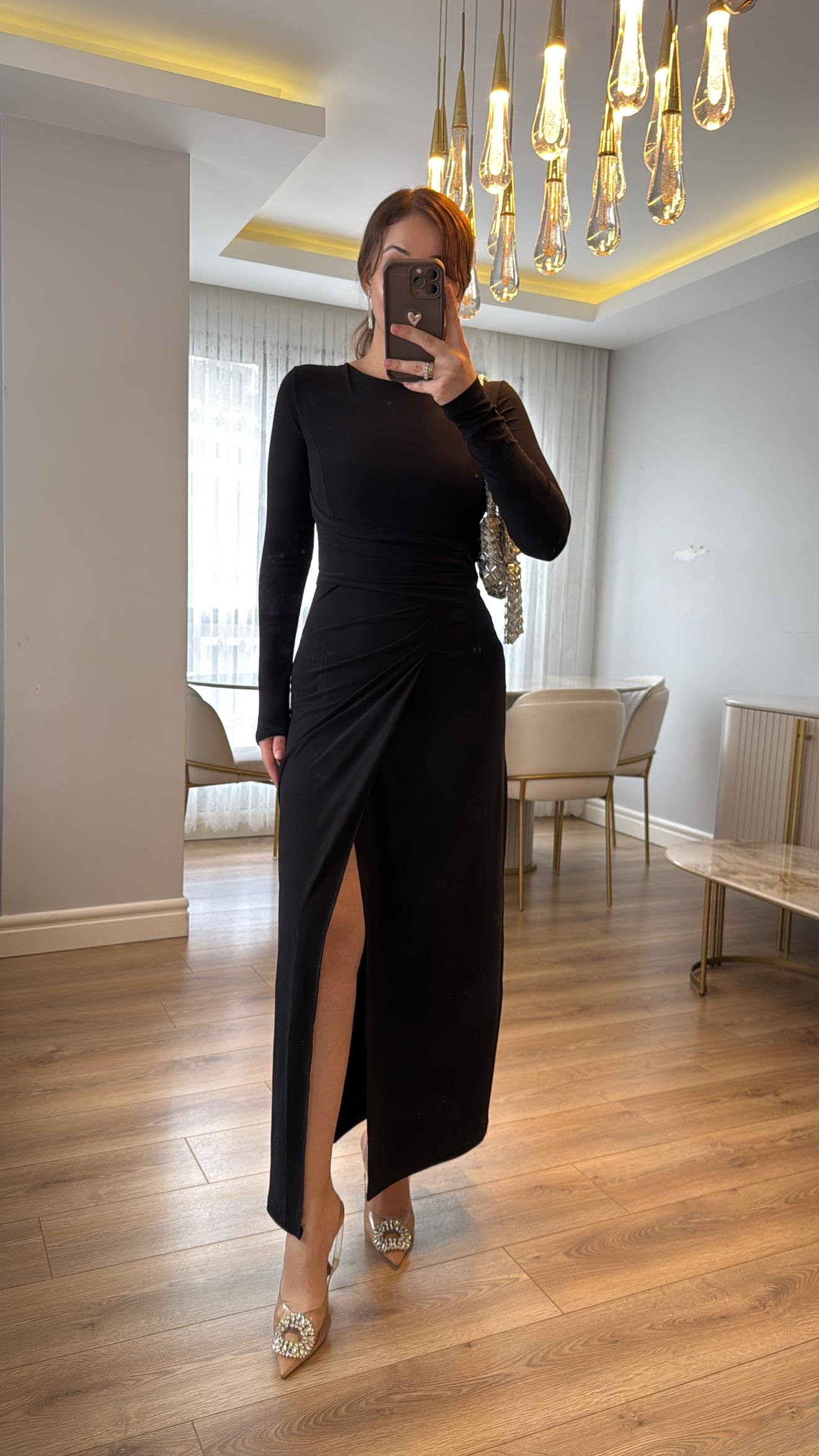 Zafira Siyah Drapeli Maxi Elbise