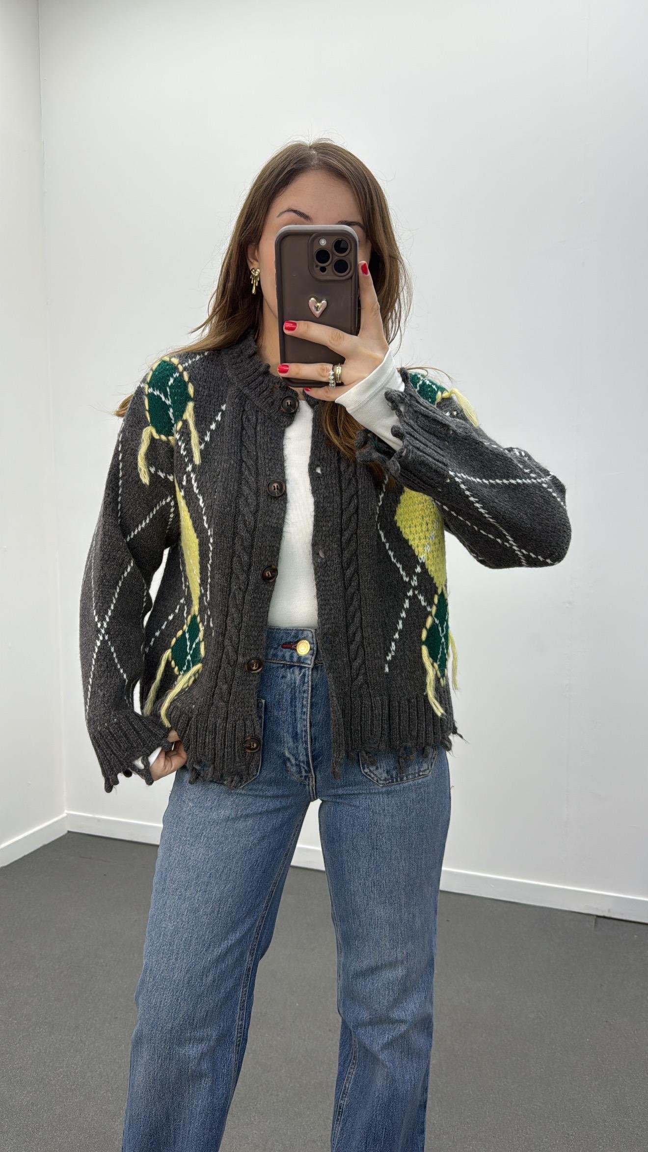 Zerlina Gri Baklava Desenli Premium Hırka