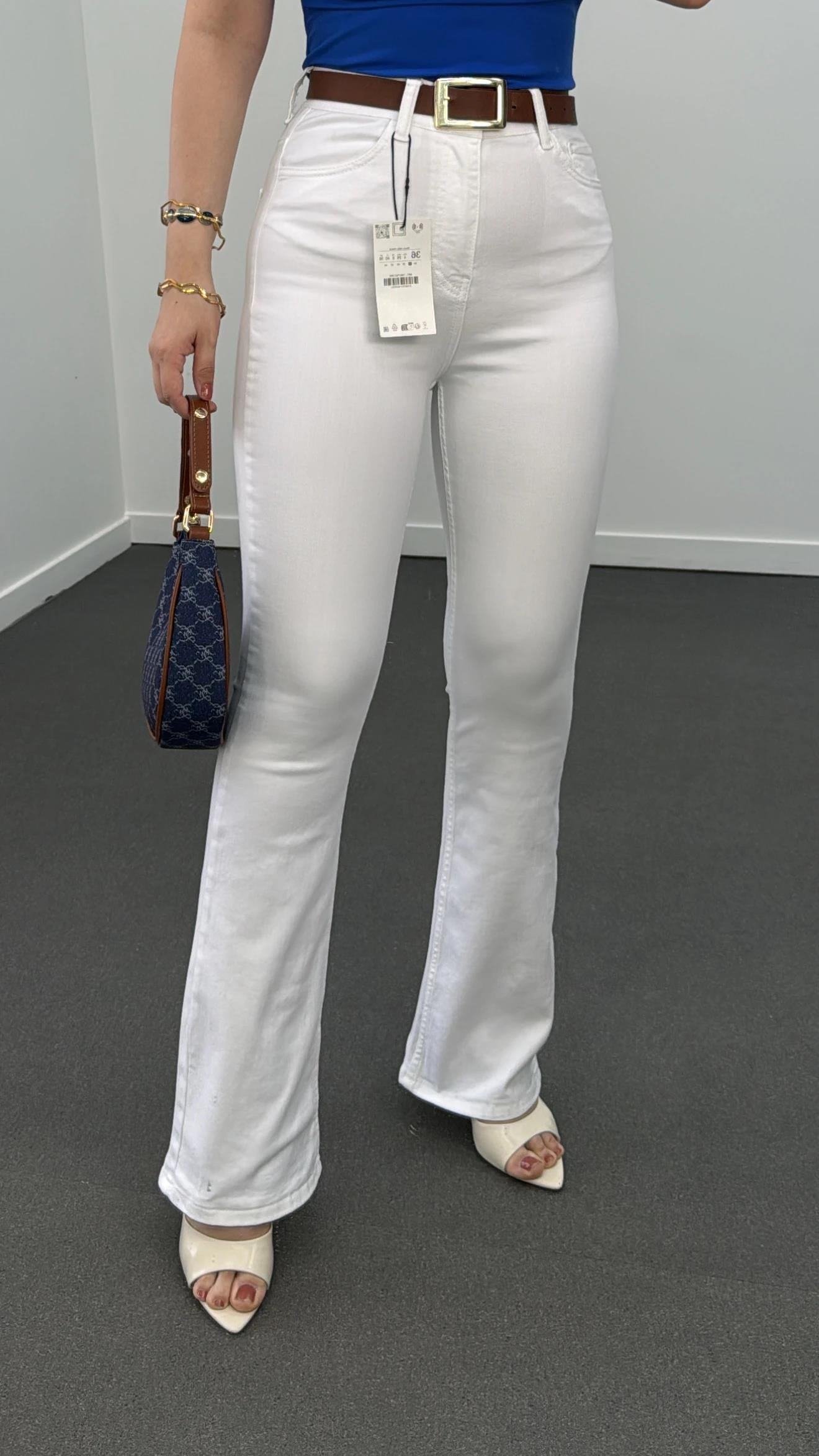 ZR Beyaz Extra Yüksek Bel Full Likralı Flare Jeans