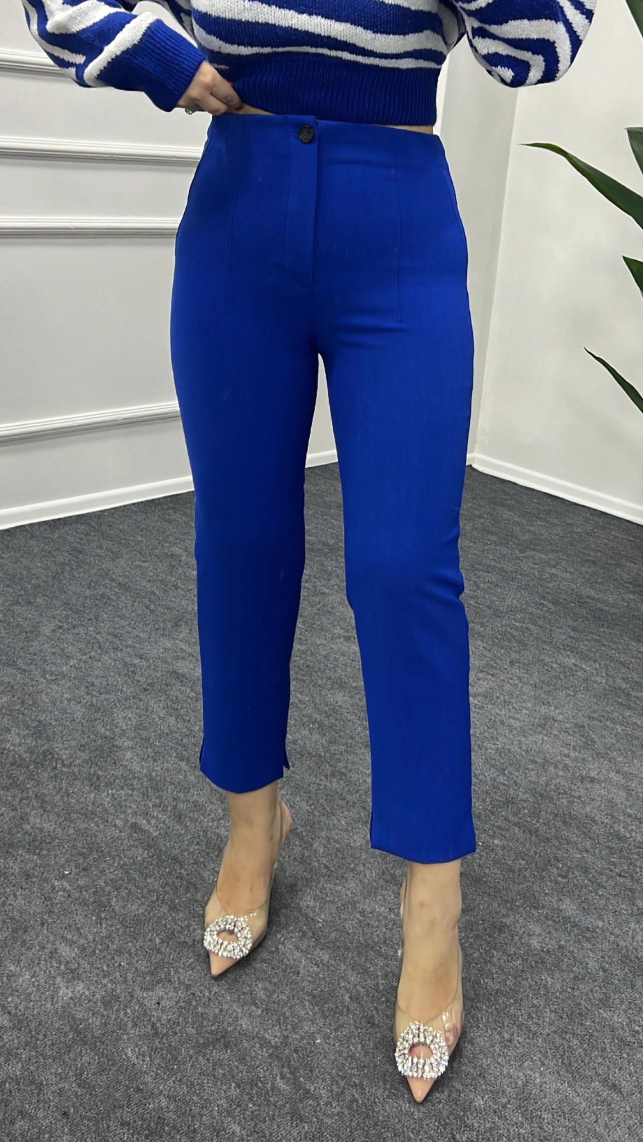 ZR Saks Mavi Renk Düğmeli Kumaş Pantolon