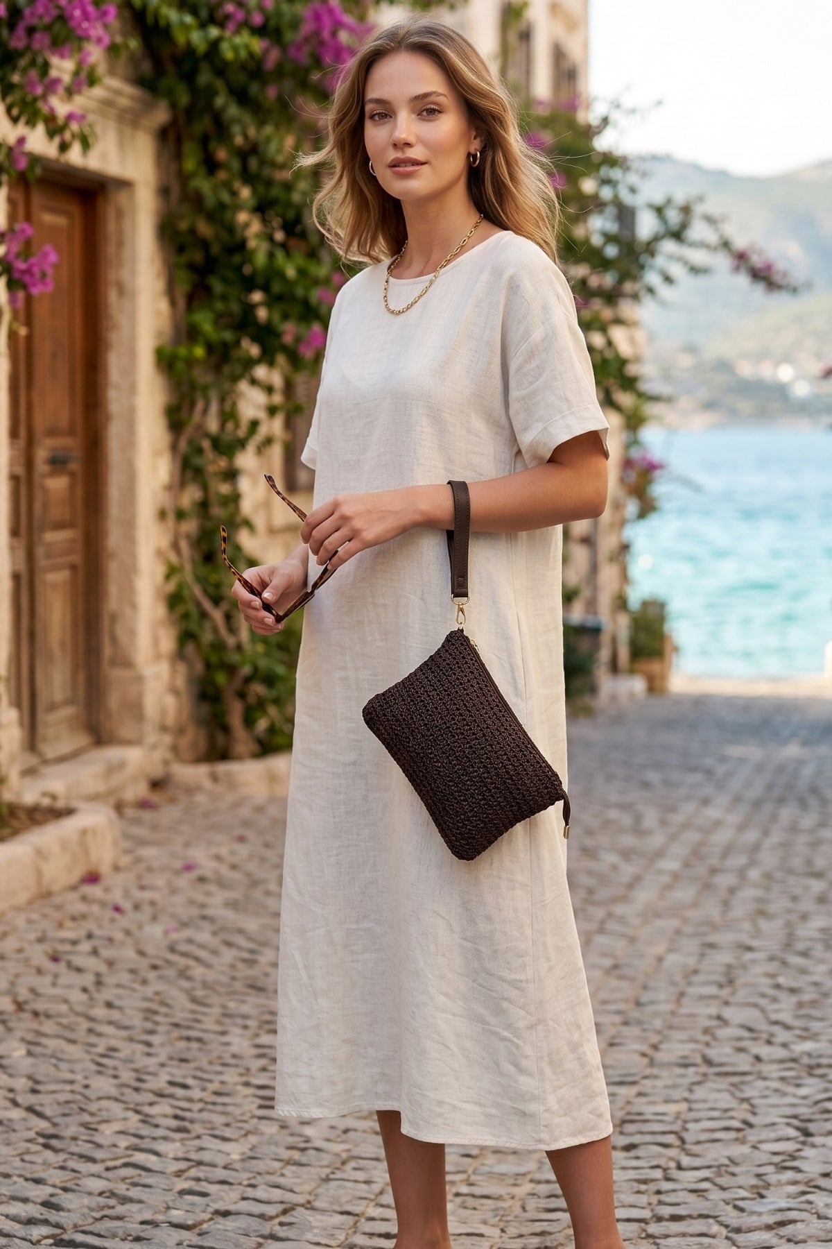 Vivazzaluxe Doğal Hasır Örme Orta Boy Kadın Yazlık Portföy Clutch Çanta Acı Kahve PORTFÖY & CLUTCH