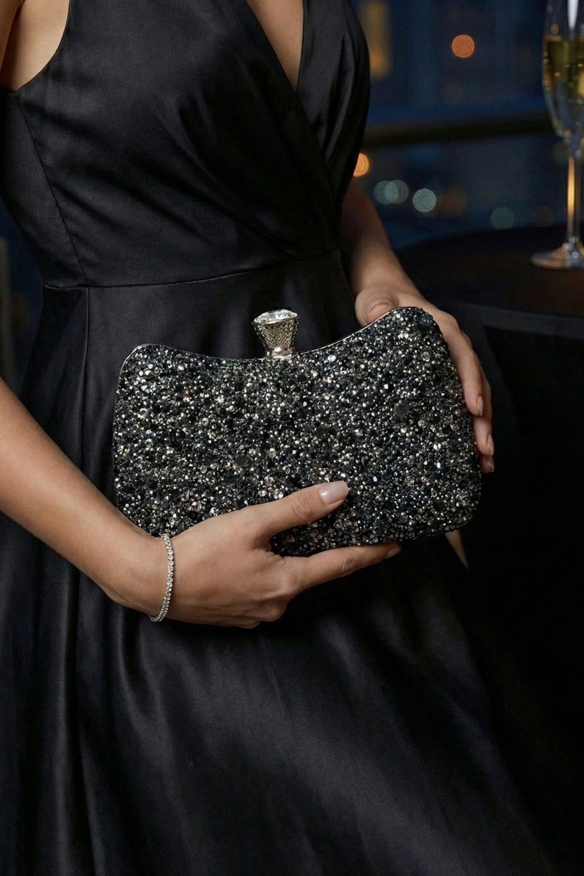 Vivazzaluxe Kristal Taşlı Abiye Clutch Çanta Antrasit ABİYE ÇANTA