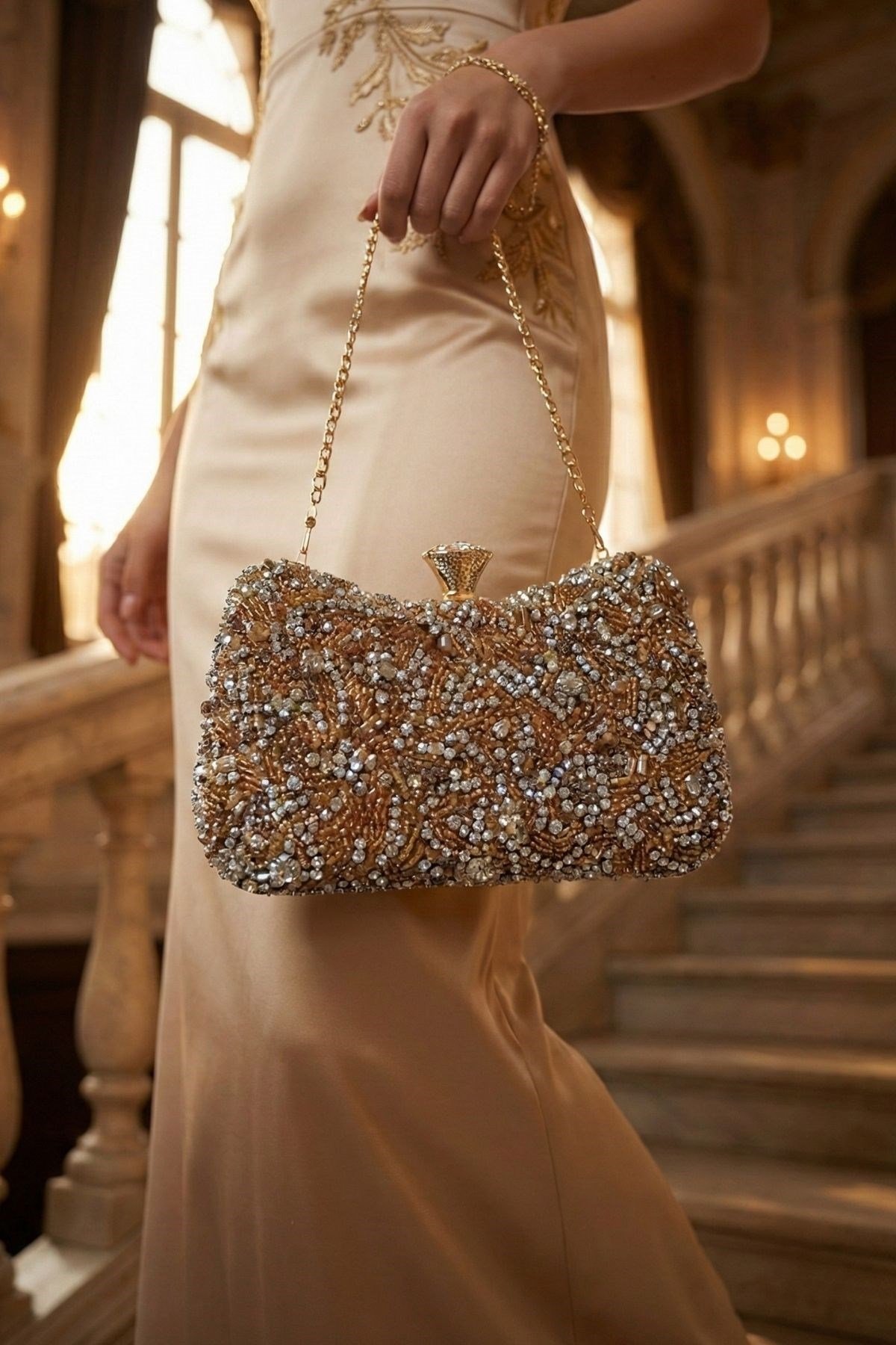 Vivazzaluxe Kristal Taşlı Abiye Clutch Çanta Bronz ABİYE ÇANTA
