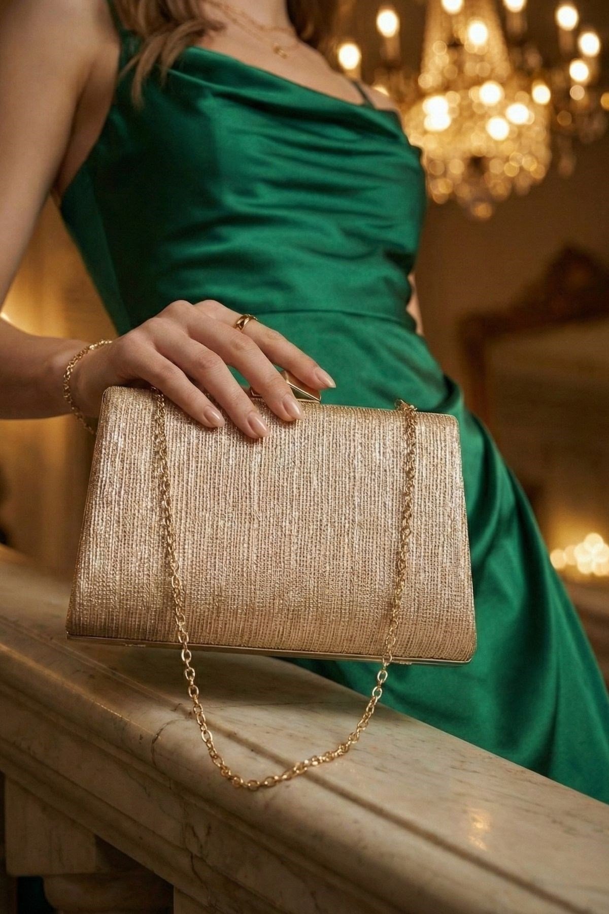 Vivazzaluxe Simli Abiye Clutch Çanta Rose Altın ABİYE ÇANTA