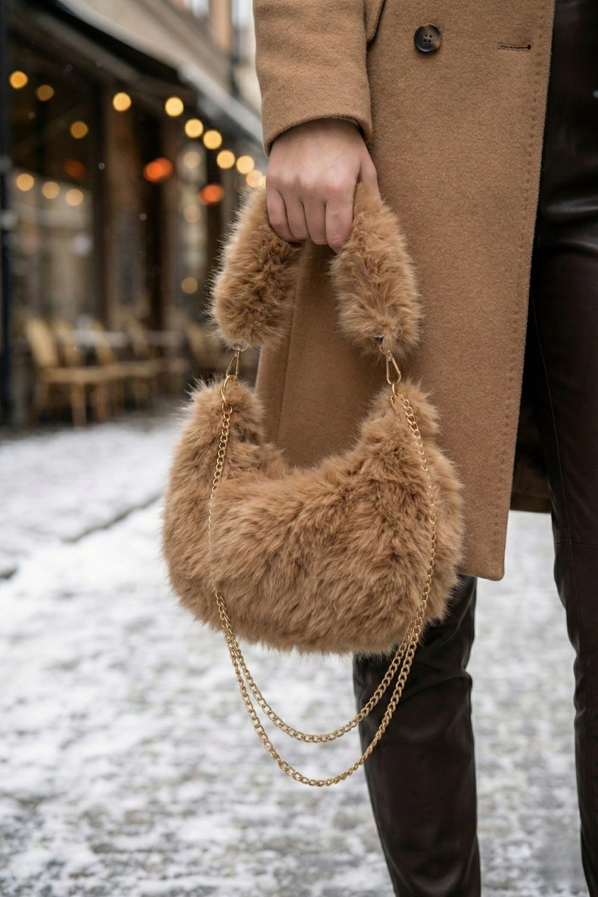 Vivazzaluxe Vintage Peluş Kürk Model Sonbahar, Kış Tote Bag Kadın El, Omuz, Çapraz Çanta Bej OMUZ ÇANTASI