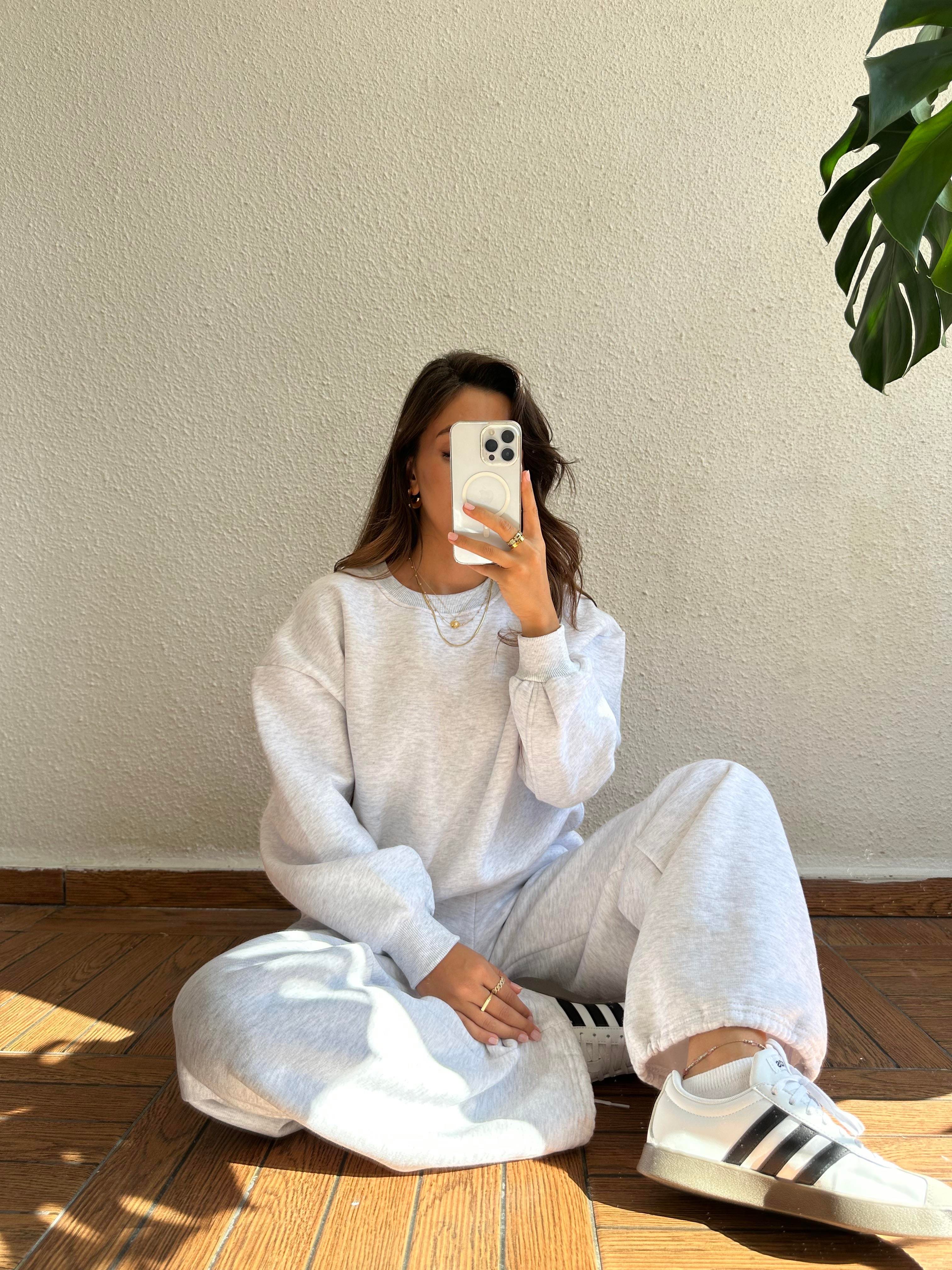 Bisiklet Yaka Sweat Pantolon Takım - Gri