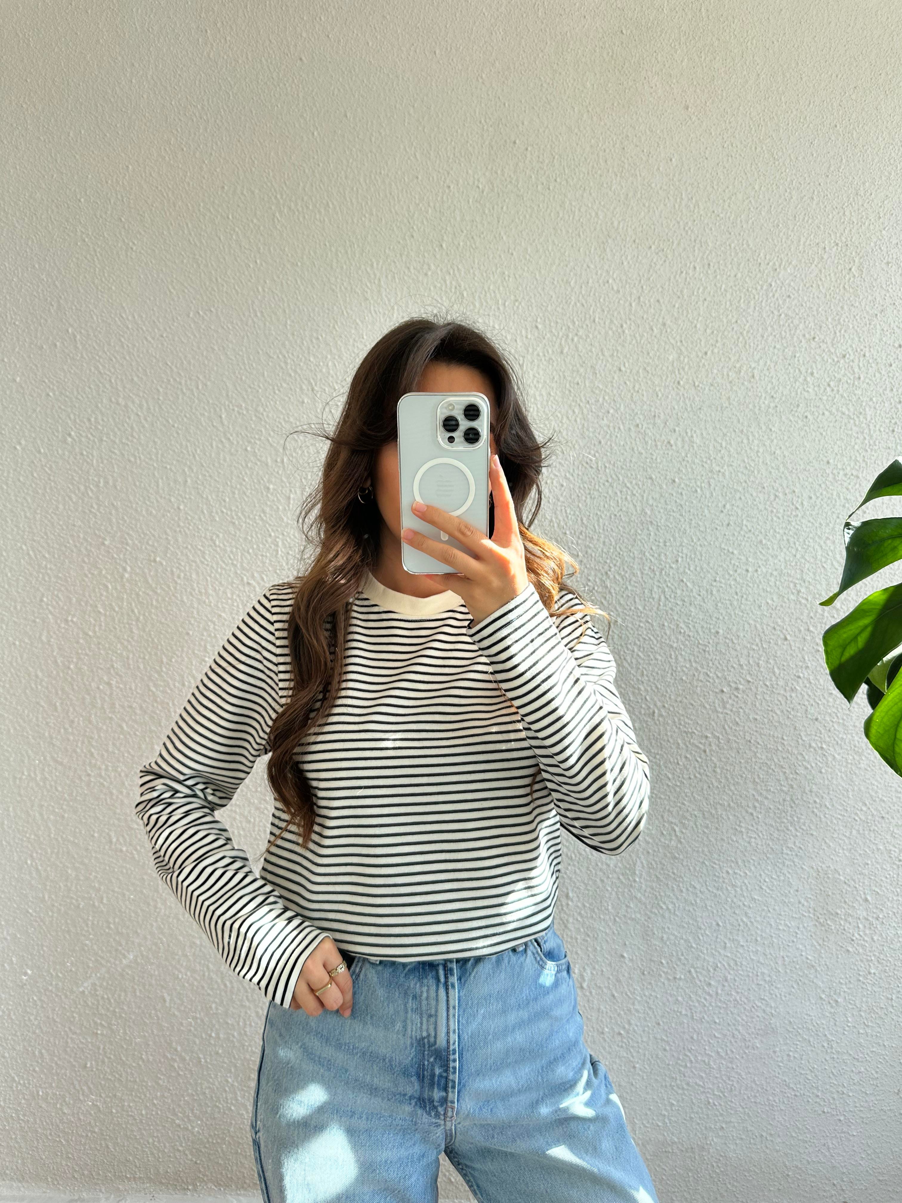 Çizgili Uzun Kol Basic - Siyah