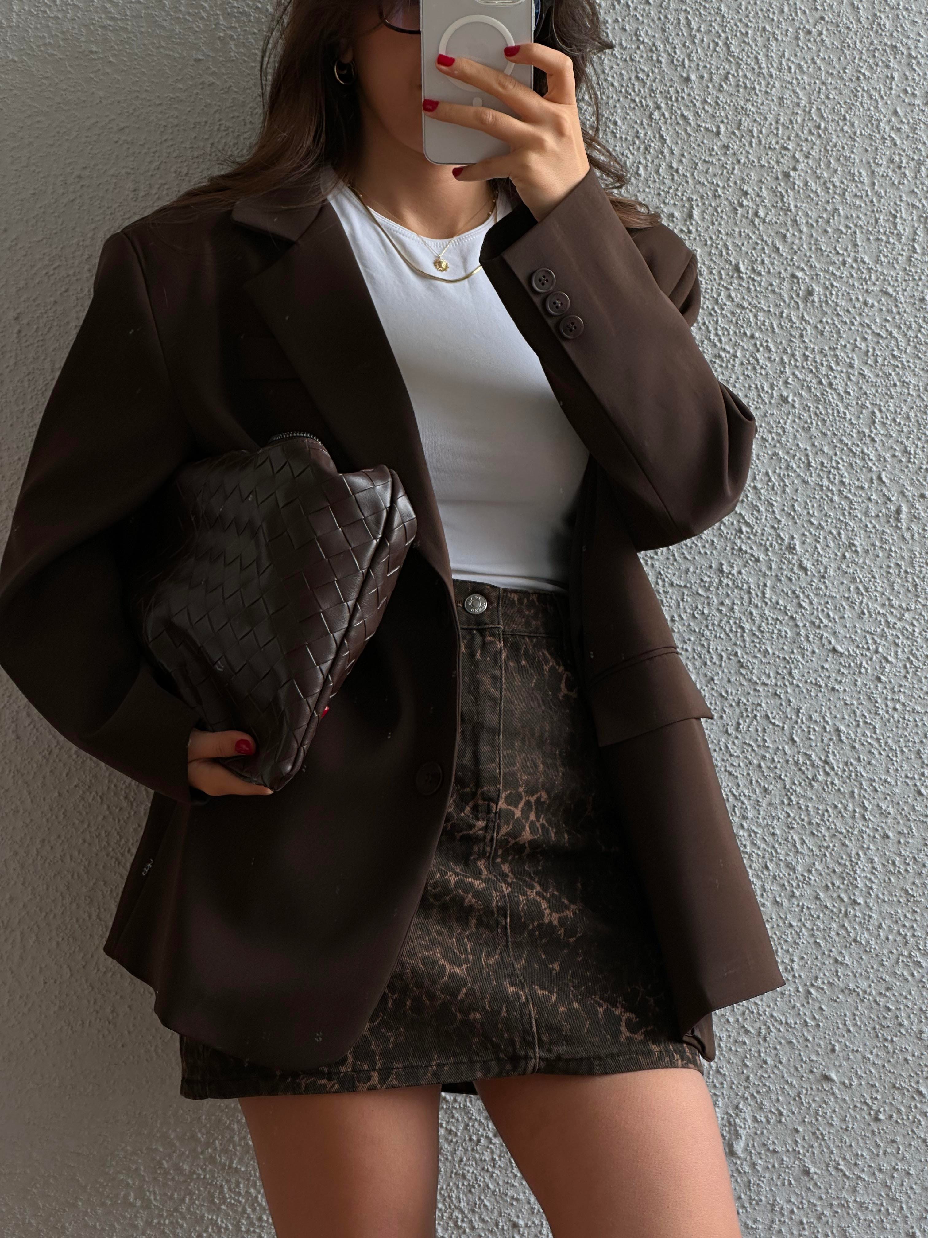 Leopar Desenli Gabardin Mini Etek
