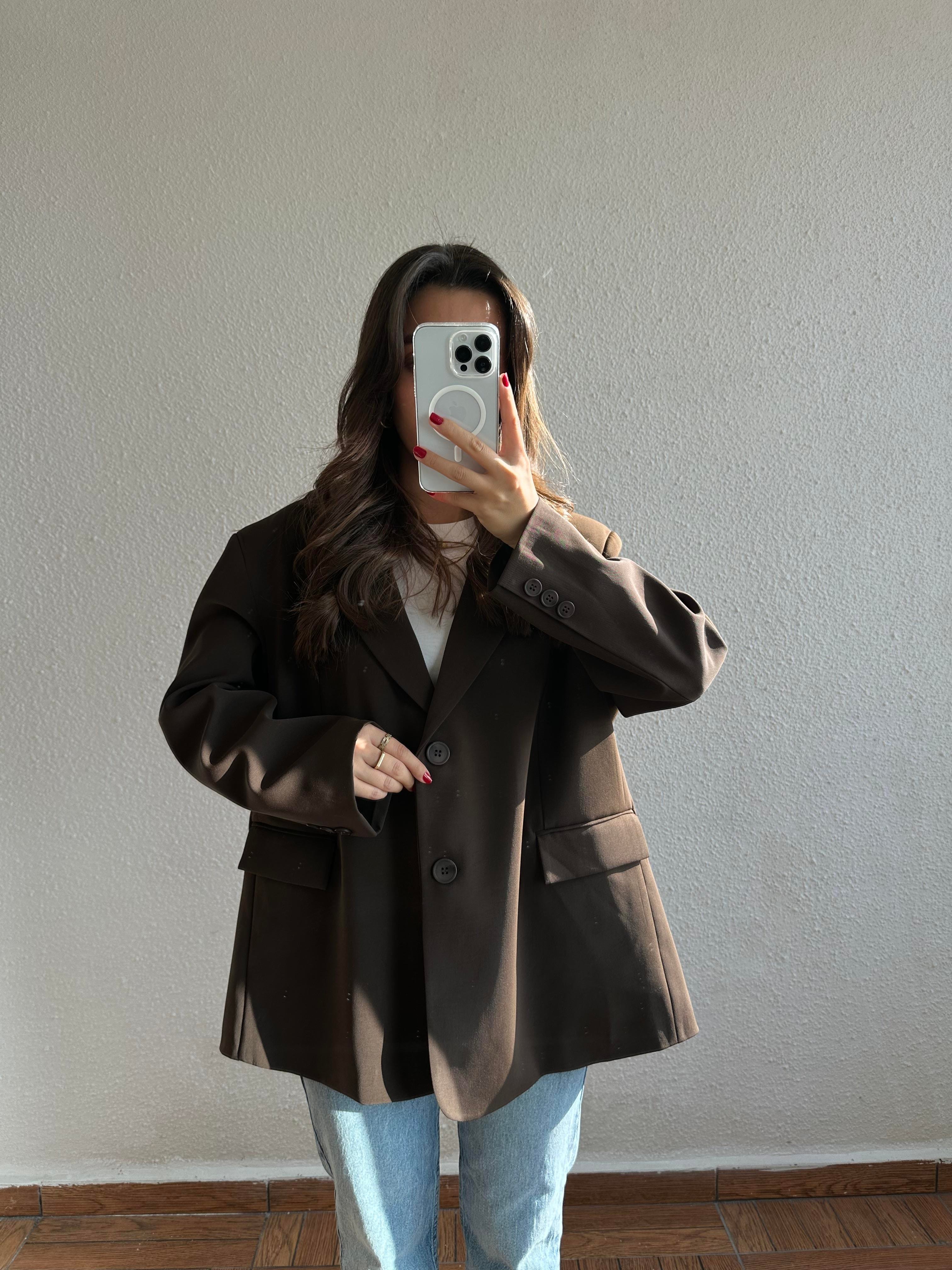 Süs Cepli Oversize Blazer Ceket-Kahverengi