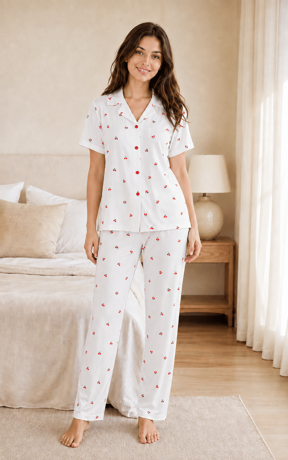 Cherry Kiraz Desenli Kısa Kollu Milan Kumaş Kadın Pijama Takımı