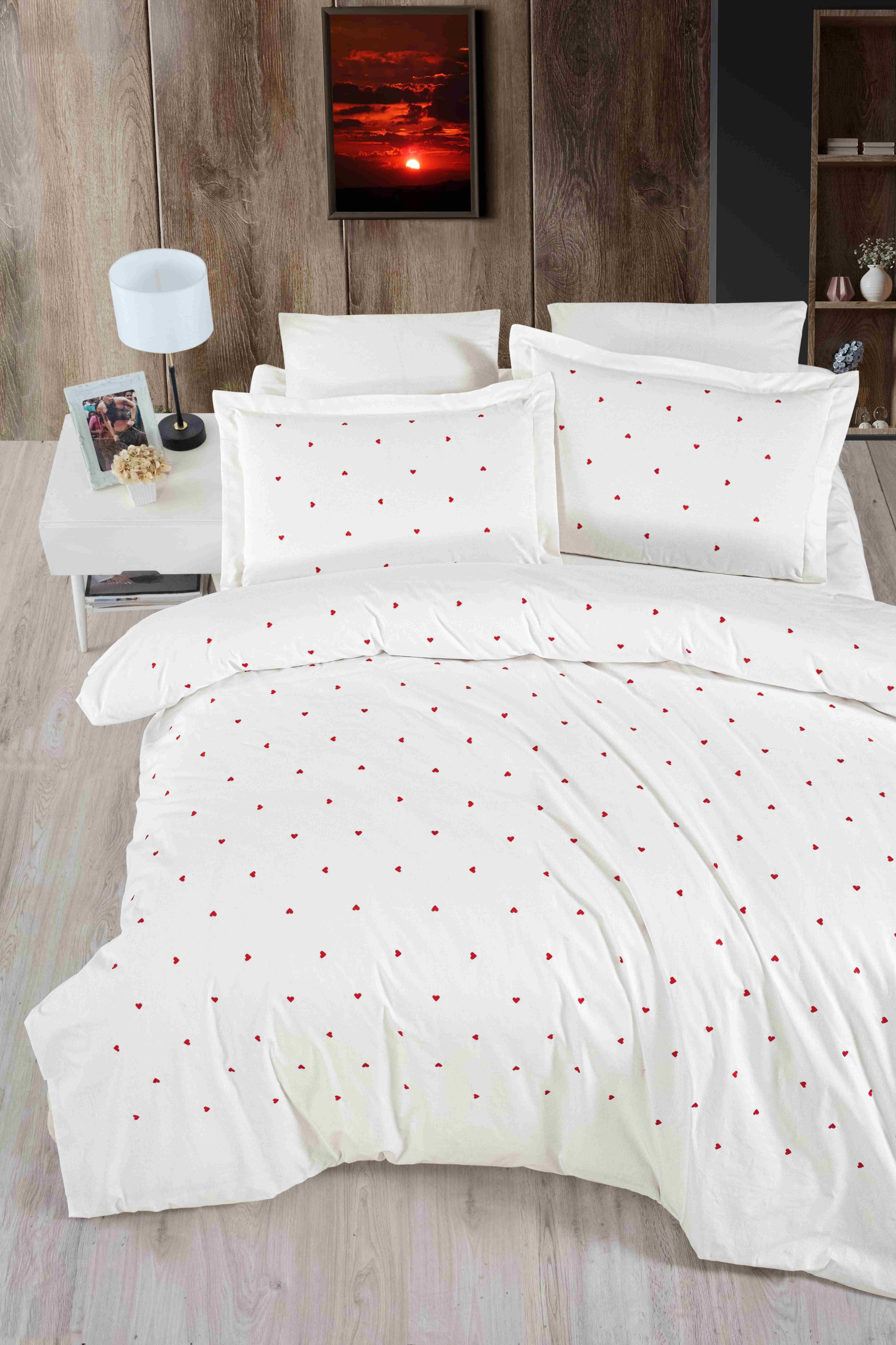 Poplin Çift Kişilik Kalpli Nakışlı Nevresim Takımı Pamuk/Saten