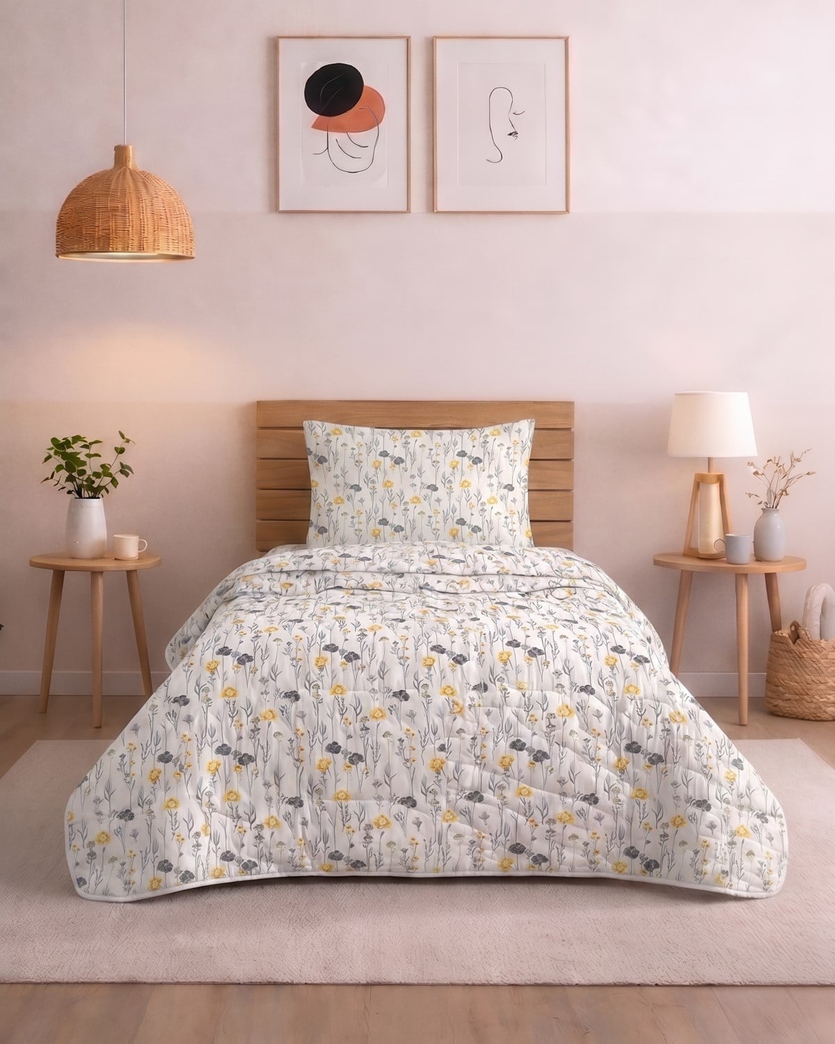 Premium Tek Kişilik Pamuklu Kapitone Çok Amaçlı Pike & Yatak Örtüsü / Flora Hardal