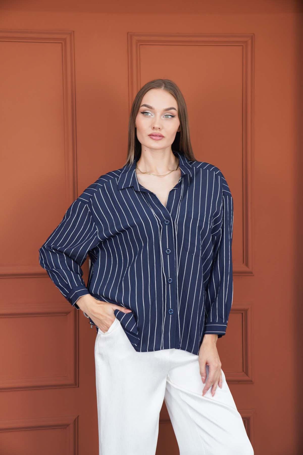 Çizgili Oversize Gömlek Lacivert
