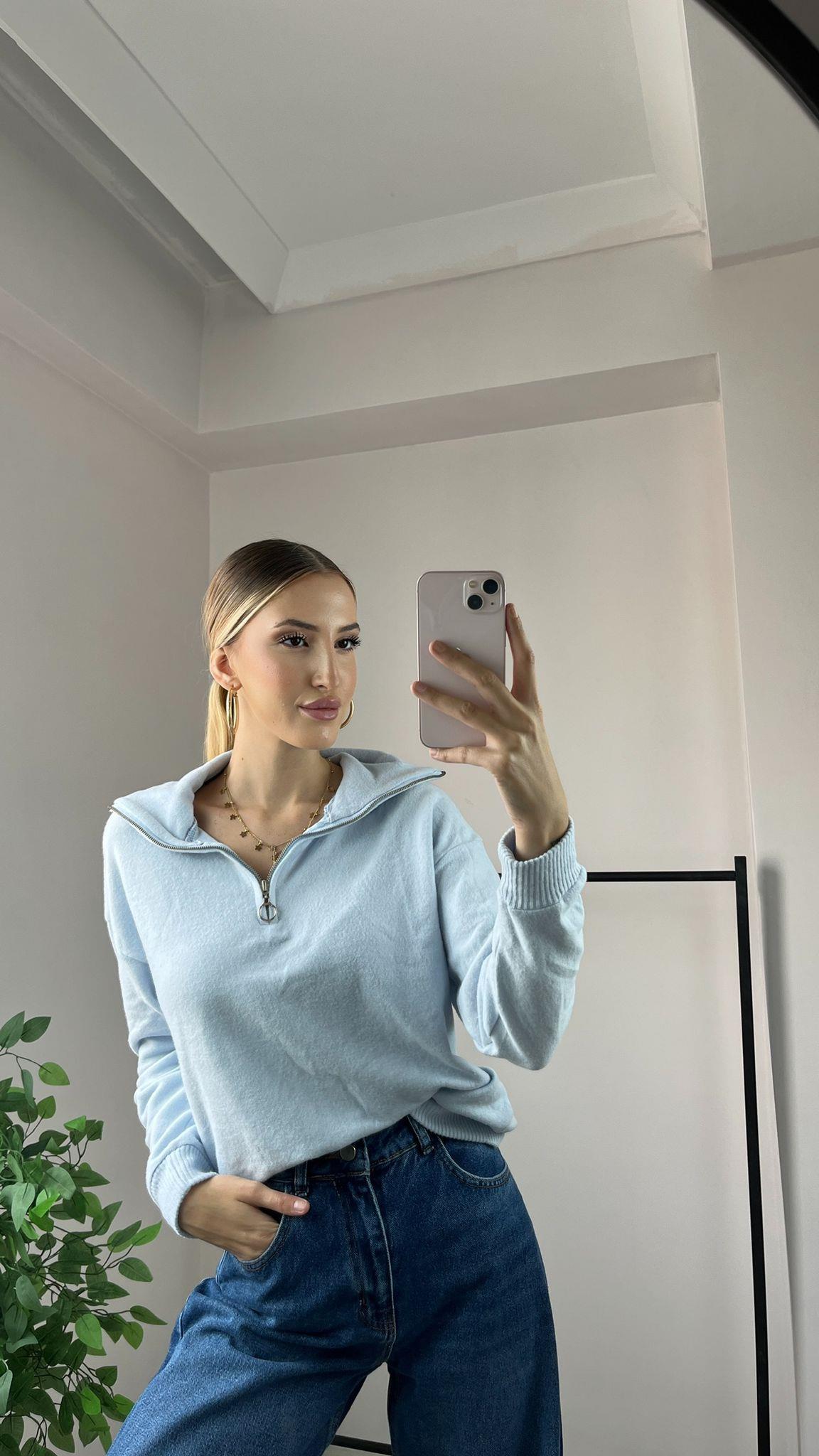 Fermuarlı Sweatshırt Mavi