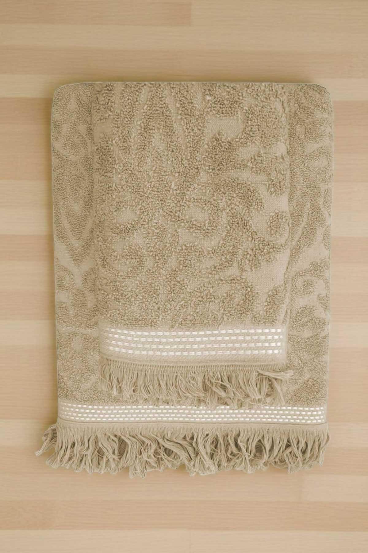 2 Parça Jakarlı Banyo Havlu Takımı %100 Pamuklu 90x150 Cm Arden Bej