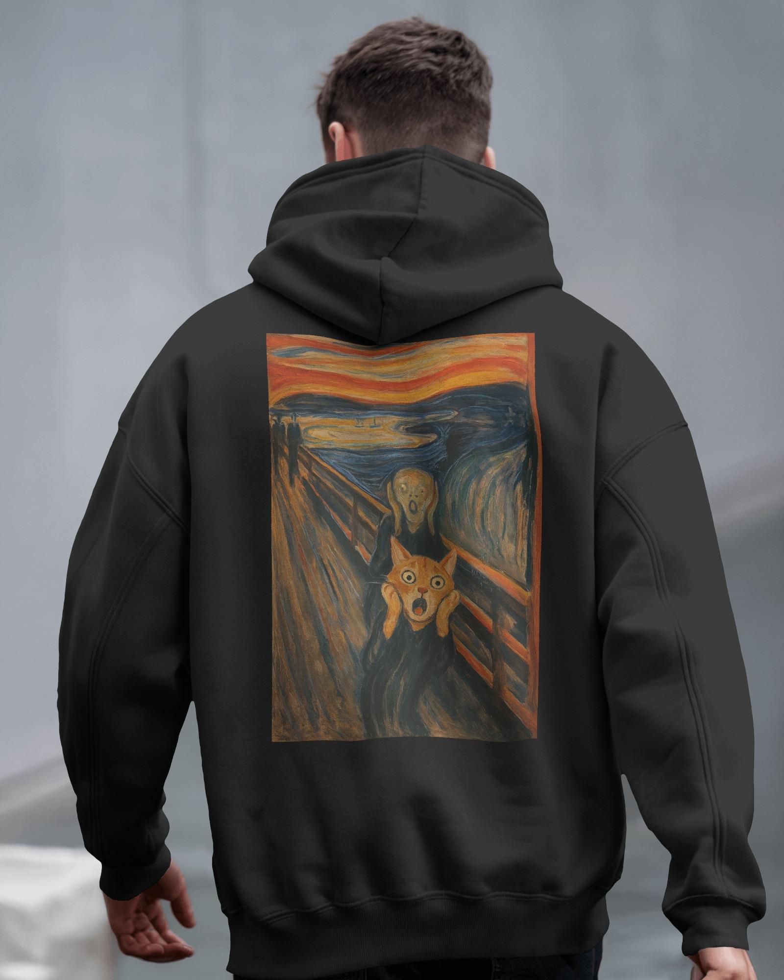 Çığlık Kedi Tasarımlı Siyah Unisex Kapüşonlu Sweatshirt – Sanatsal & Retro Hoodie