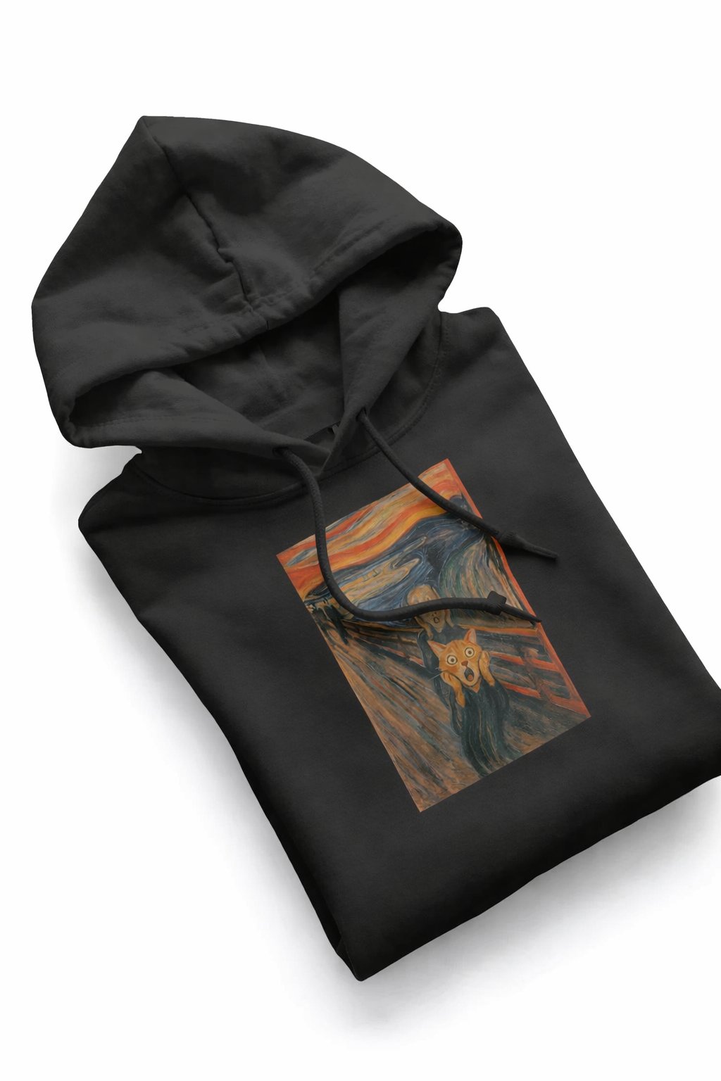 Çığlık Kedisi Baskılı Siyah Hoodie | Unisex %100 Pamuk Kapüşonlu Sweatshirt