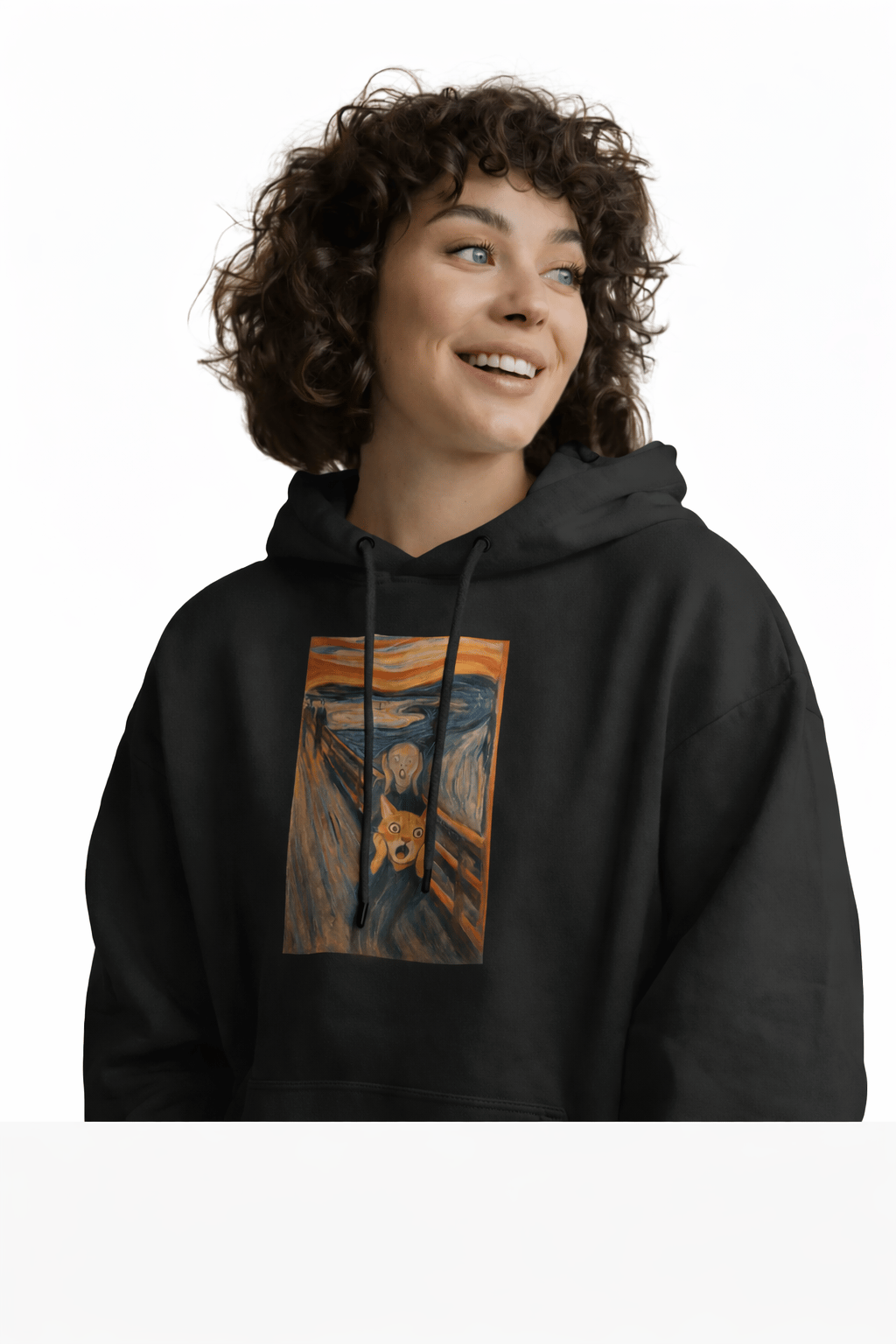 Çığlık Kedisi Baskılı Siyah Hoodie | Unisex %100 Pamuk Kapüşonlu Sweatshirt