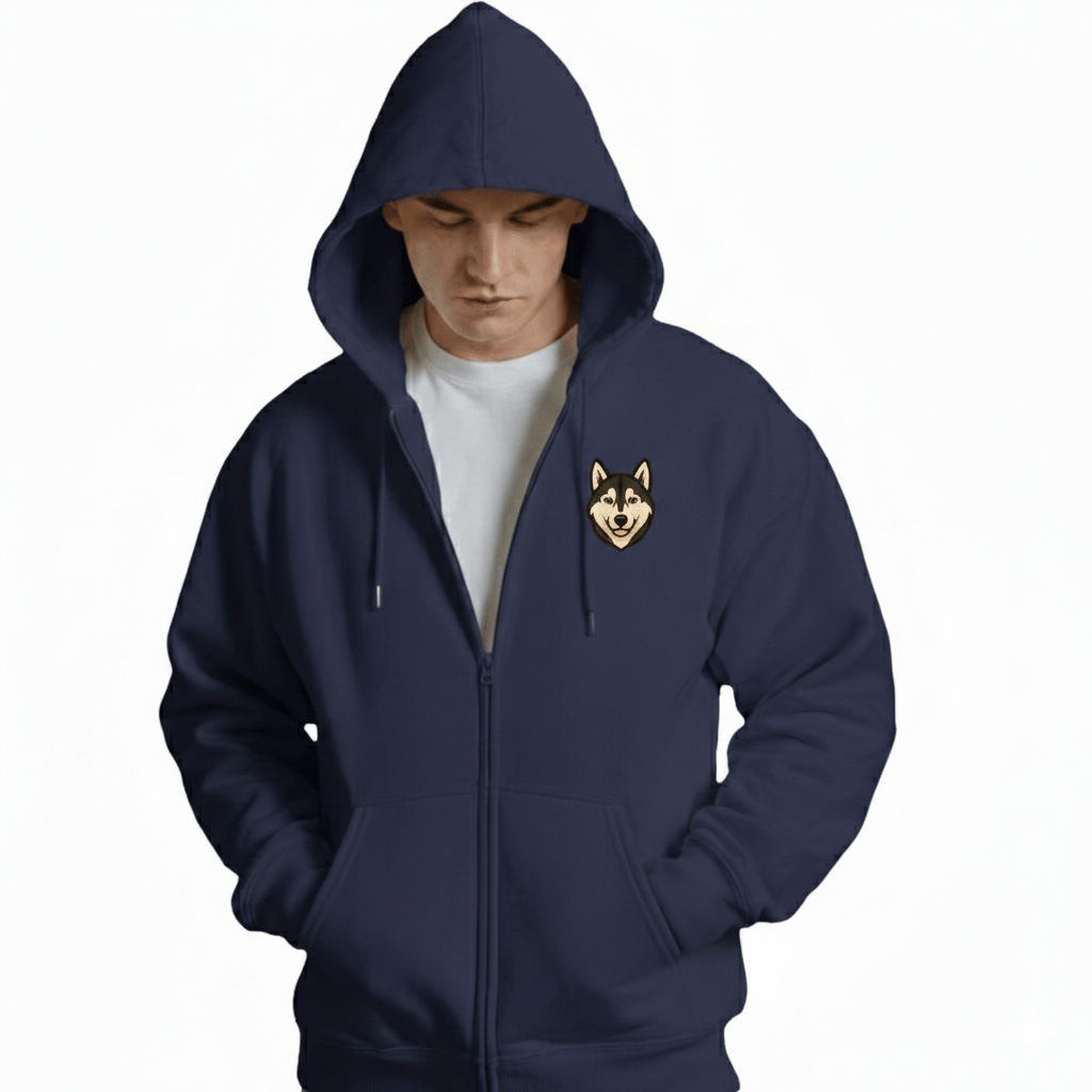 Erkek Husky Baskılı Oversize Fermuarlı Hoodie