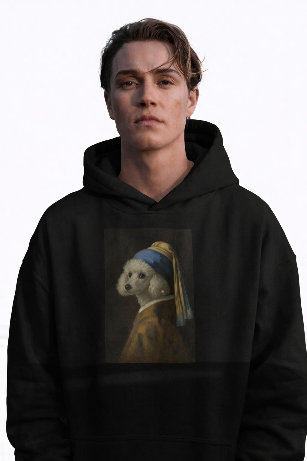 Erkek İnci Küpeli Köpek Baskılı Siyah Hoodie – 3 İplik Şardonlu Kapüşonlu Sweatshirt