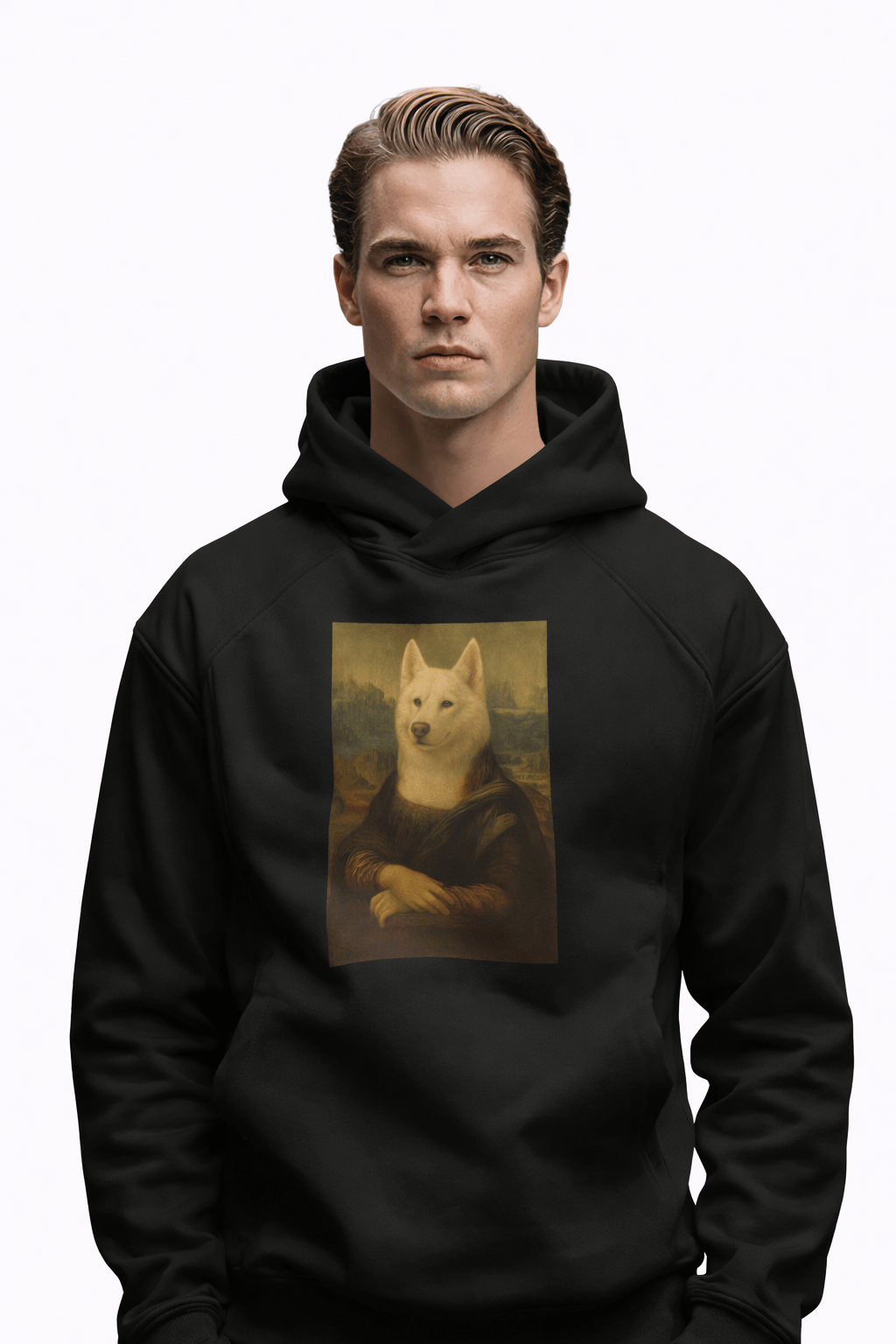 Erkek Mona Lisa Husky Baskılı Siyah Hoodie – 3 İplik Şardonlu Kapüşonlu Sweatshirt