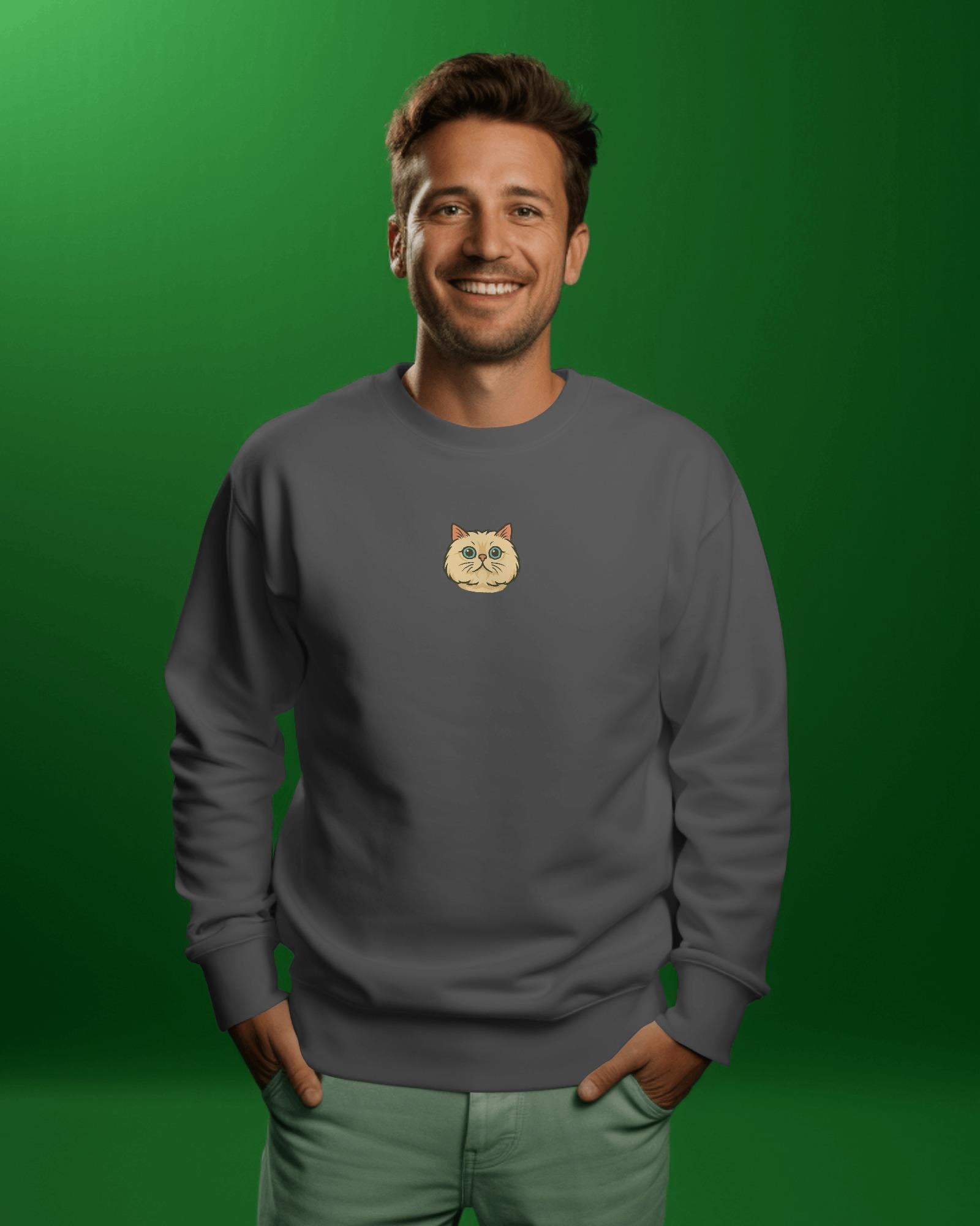 Erkek Ragdoll Kedisi Desenli Sweatshirt – Minimal Göğüs Baskılı, Rahat Kesim